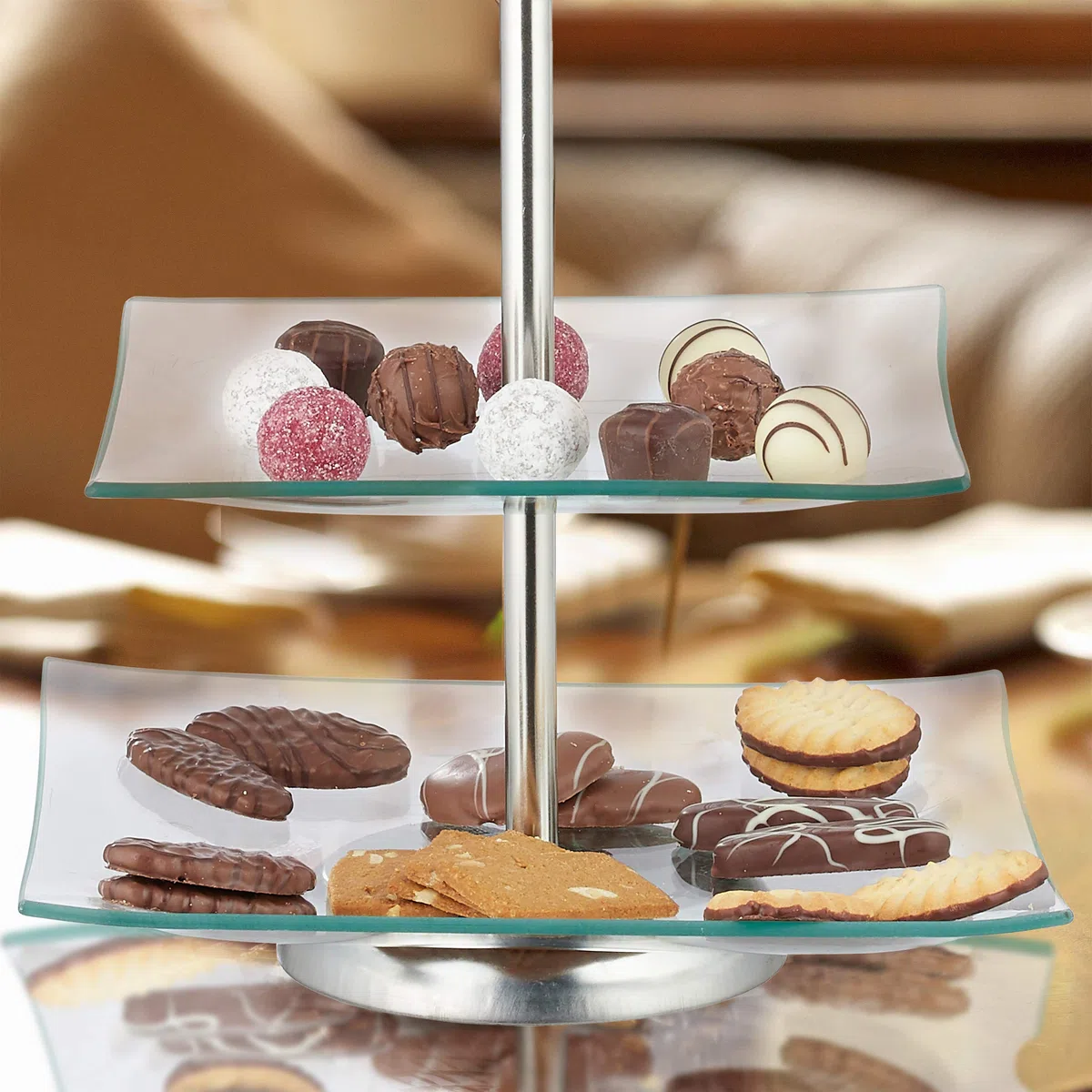 Relaxdays Soporte para Tartas, Cupcakes y Fruta de 2 Pisos, Cristal-acero, Plateado-transparente, 28 x 24,5 x 24,5 cm