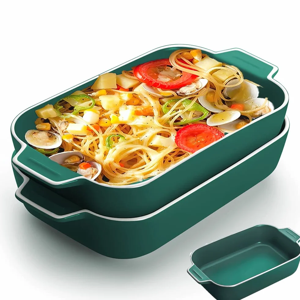 Plato para lasaña, 2 unidades de 9 x 5 pulgadas rectangulares de cerámica con asa, plato pequeño de color para hornear de horno a mesa, ideal para horno, sartén de cerámica para lasaña (verde)