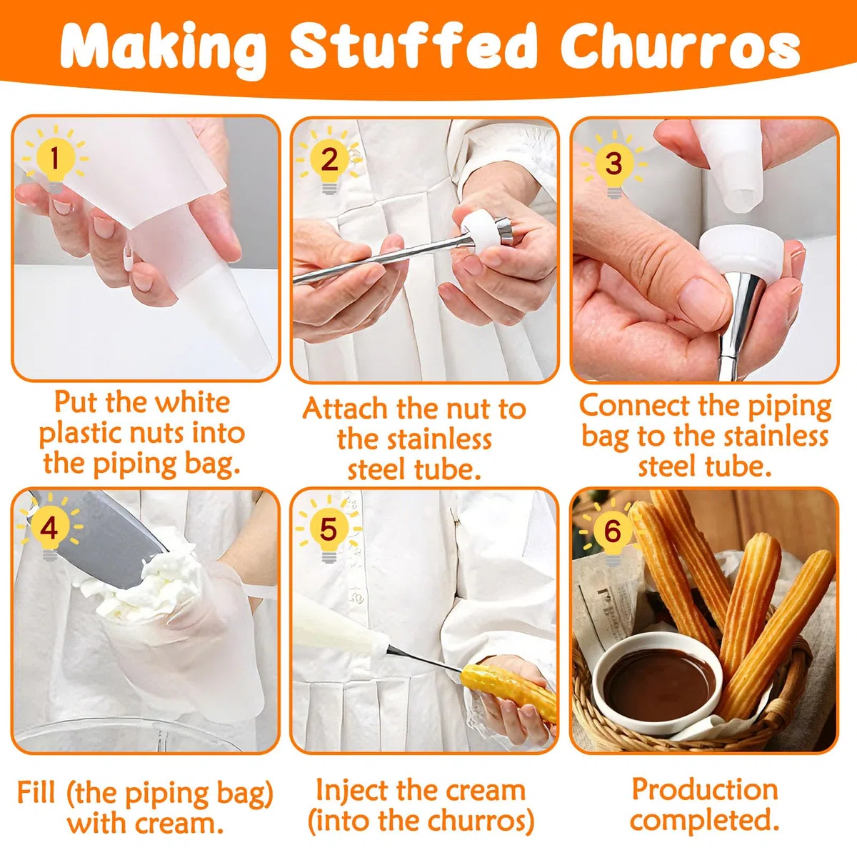 Juego Churreras Churros y Porras Acero Inoxidable con 12 Plantillas, 8 Boquillas, 1 Manga Pastelera y 1 Cepillo Limpieza, Churrera Domesticas Profesional para Elaborar Pasteles, Postres y Galletas