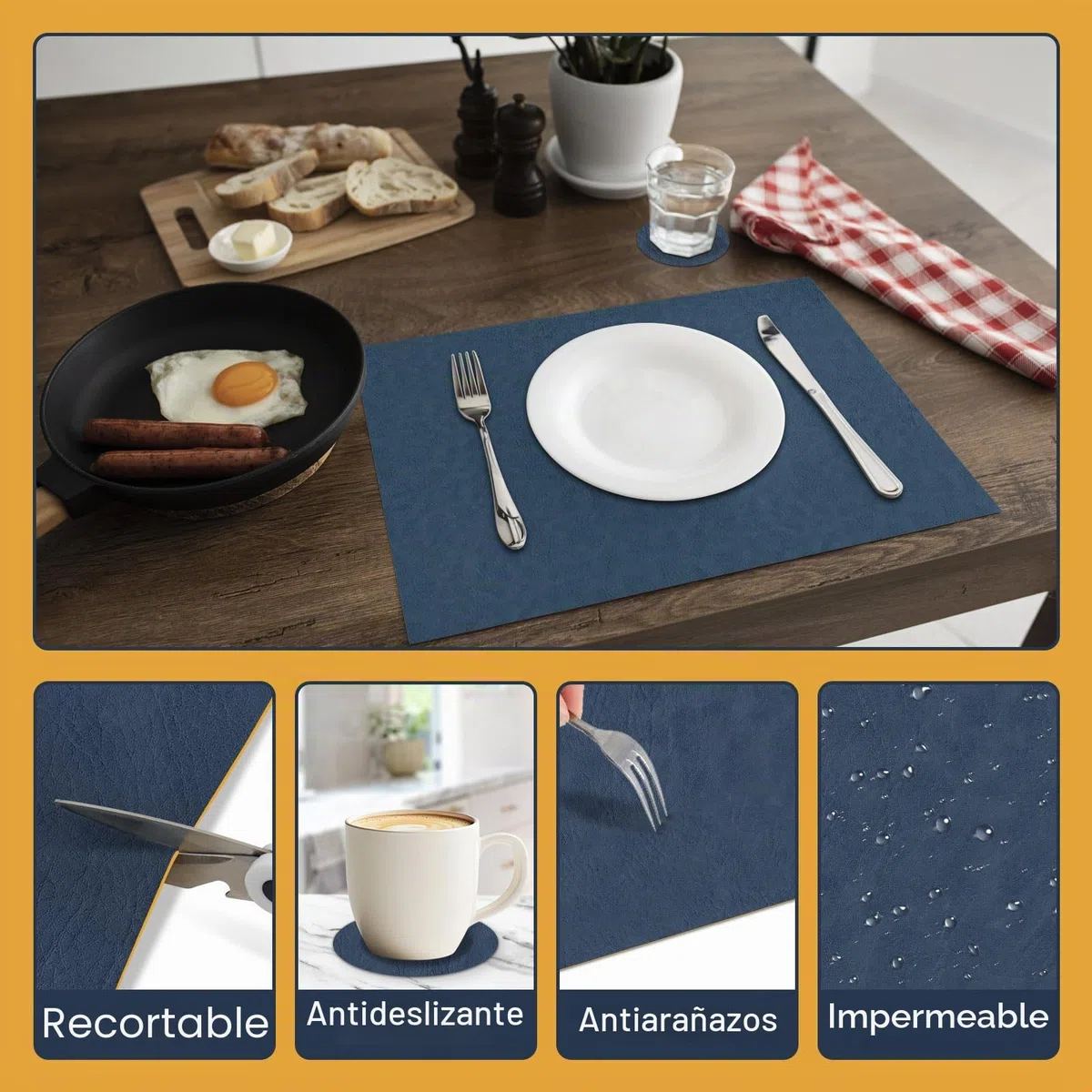 Juego de 6 Salvamanteles y Posavasos - Salvamanteles Lavables Resistentes al Calor, Diseño de Cuero de Doble Cara Antideslizante para Cocina, Hogar, Restaurante