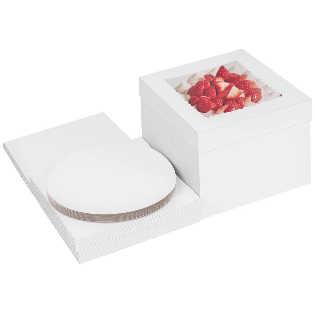 Winter Shore Cajas para Tartas con Bandeja (Pack de 10) - Caja Cartón Desechable Blanca con Ventana para Repostería - Cartón de 350 G/M² - Bandeja de 25,3 cm, Caja de 25,4 x 25,4 x 20,3 cm