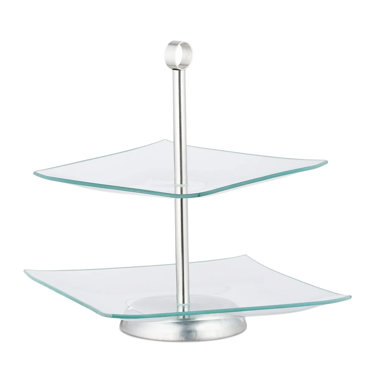 Relaxdays Soporte para Tartas, Cupcakes y Fruta de 2 Pisos, Cristal-acero, Plateado-transparente, 28 x 24,5 x 24,5 cm