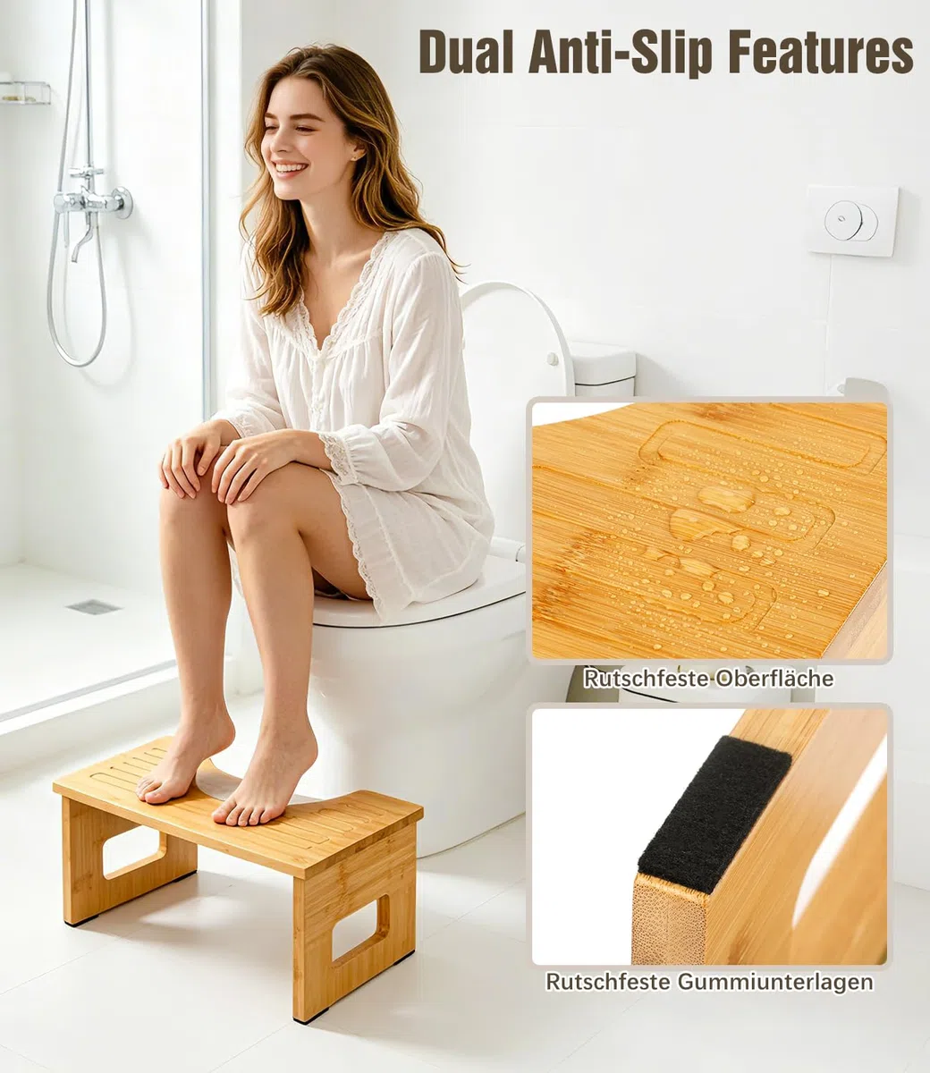 Taburete de inodoro de madera de bambú para adultos, taburete de inodoro con almohadillas antideslizantes, taburete ergonómico para baño
