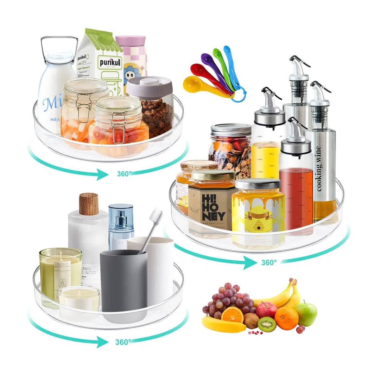 Especiero Giratorio,3 organizador de armario giratorio,soporte giratorio para condimentos,Especiero Giratorio para Botellas,Frutas,Cosmético,Armario,Despensa