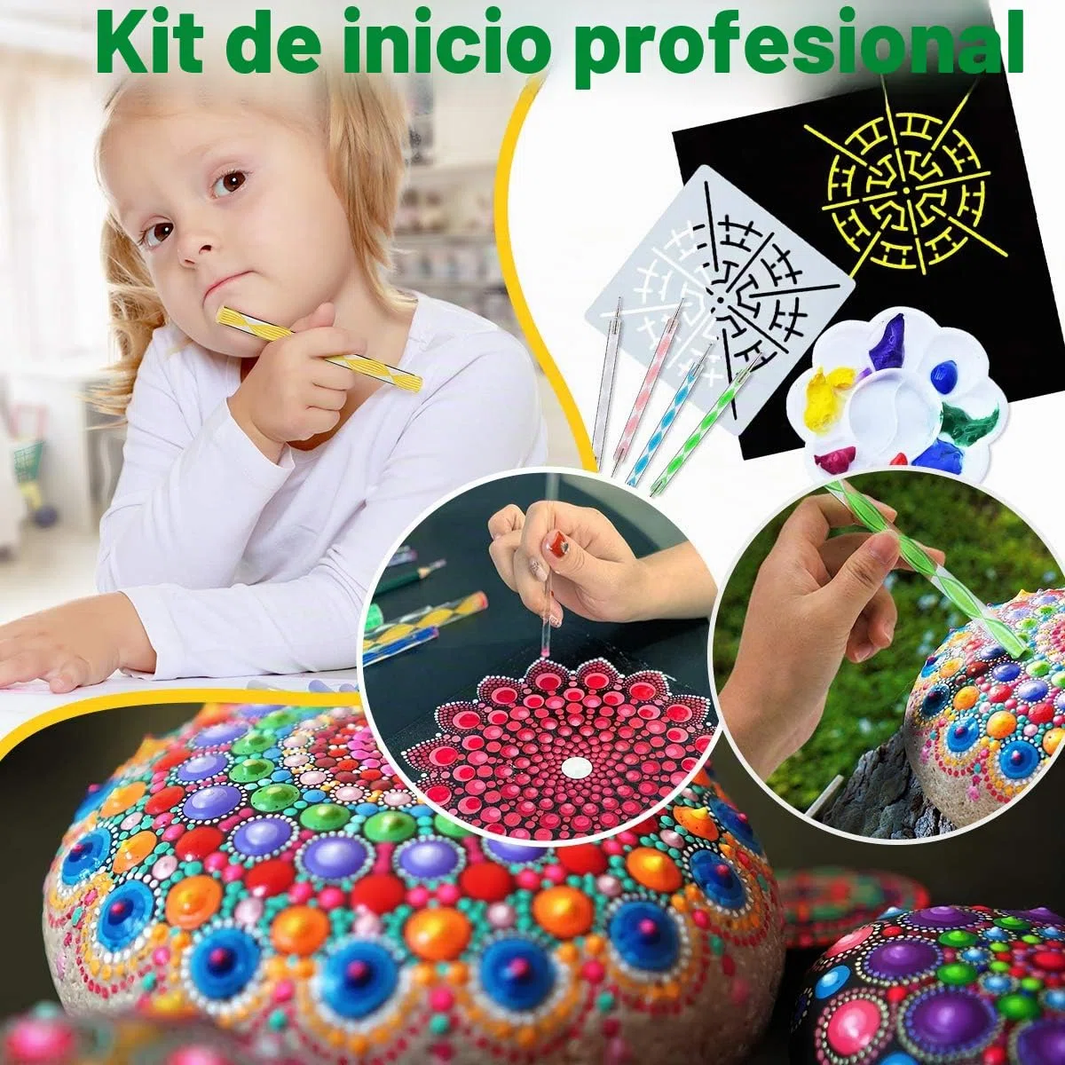 Kit Herramientas Puntillismo Mandala (Dotting Tools), Set para Pintar Piedras con Plantillas, Punzones y Pinceles. Estuche para Manualidades, Nail Art, Cerámica, Adultos y Niños, Idea de Regalo