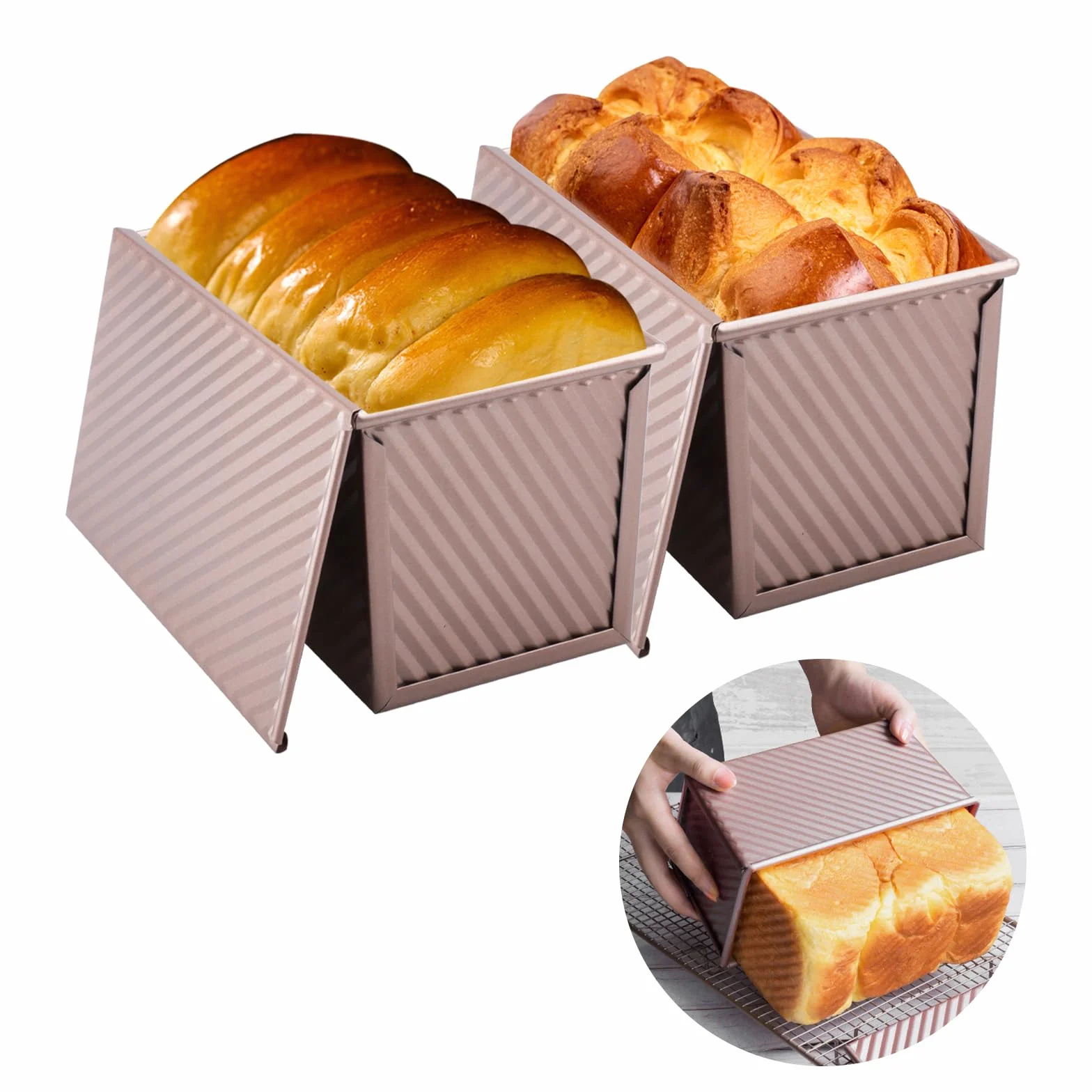 2 Piezas Moldes Para Pan Con Tapa Masa de 900 g (2 lb) Molde Para Pan De Molde Con Tapa Antiadherente Molde Rectangular Reposteria Acero Al Carbono Corrugado Para Hornear Pasteles Tostar pan