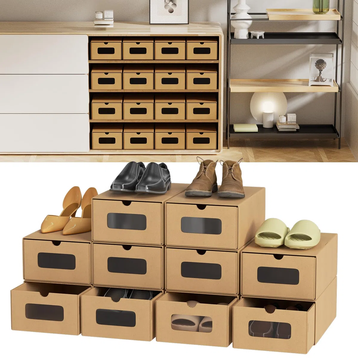 Cajas de almacenamiento con ventana y cajón, juego de 10 unidades, 33 x 30 x 35 cm, cajas apilables para zapatos de cartón, caja de zapatos, caja de juguetes, almacenamiento para accesorios