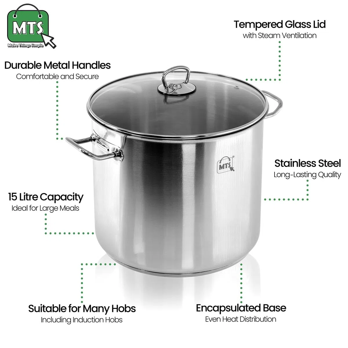 Olla Grande de Acero Inoxidable con Tapa, Olla Grande de 9 l con Tapa, Cacerola Grande y Profunda, Utensilios de Cocina, Olla para Sopa con Doble asa (15 litros)
