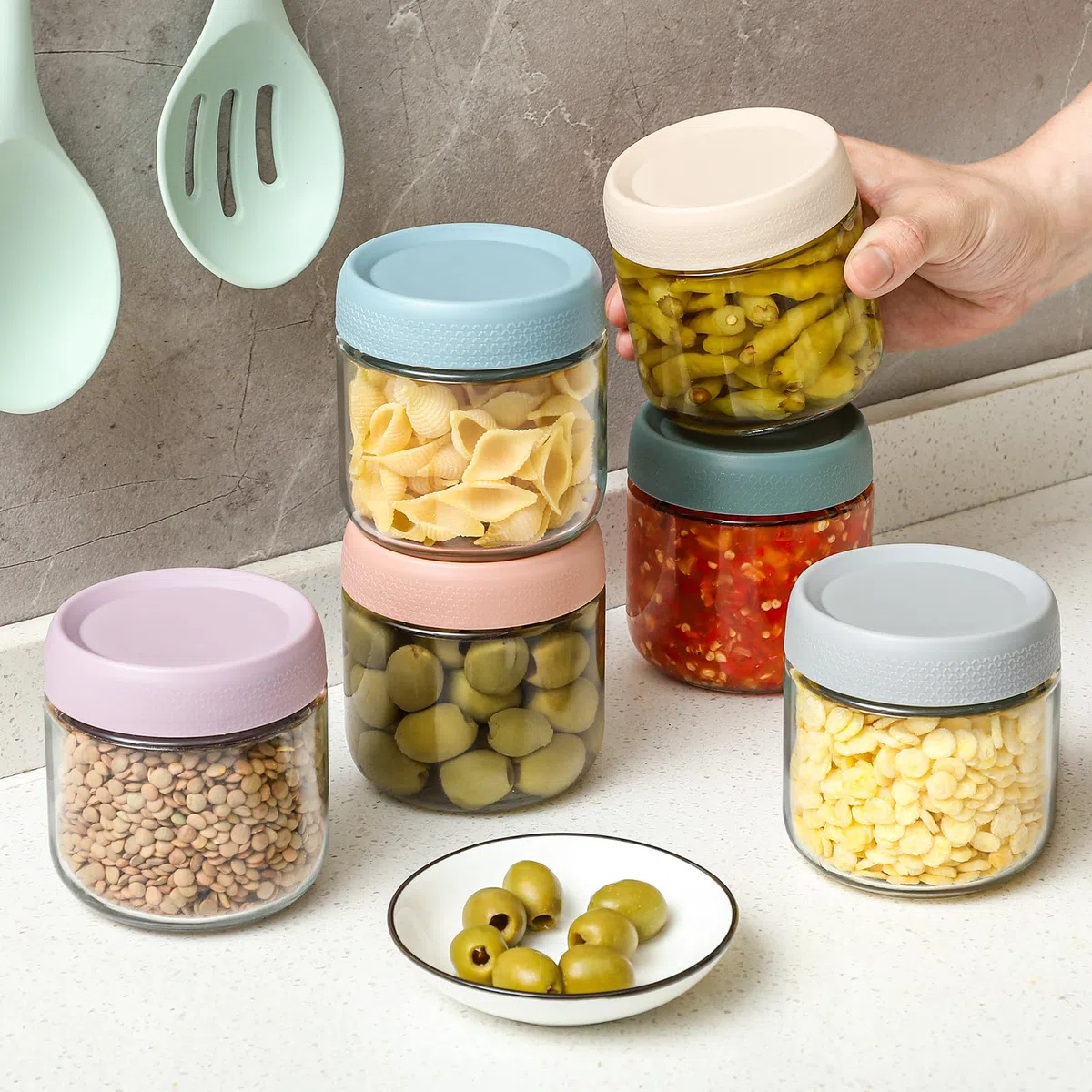 NETANY Paquete de 6 tarros de vidrio de 12 onzas con tapas herméticas, recipientes de avena nocturna con tapas, tarros de ensalada Mason de boca ancha, recipientes de vidrio para almacenamiento de