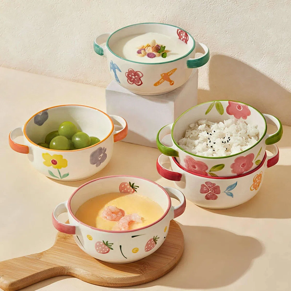 Tazón de sopa de cerámica con asas, diseño floral pintado a mano, apto for microondas y lavavajillas, for sopa, cereales, pasta y ensaladas(Orange)