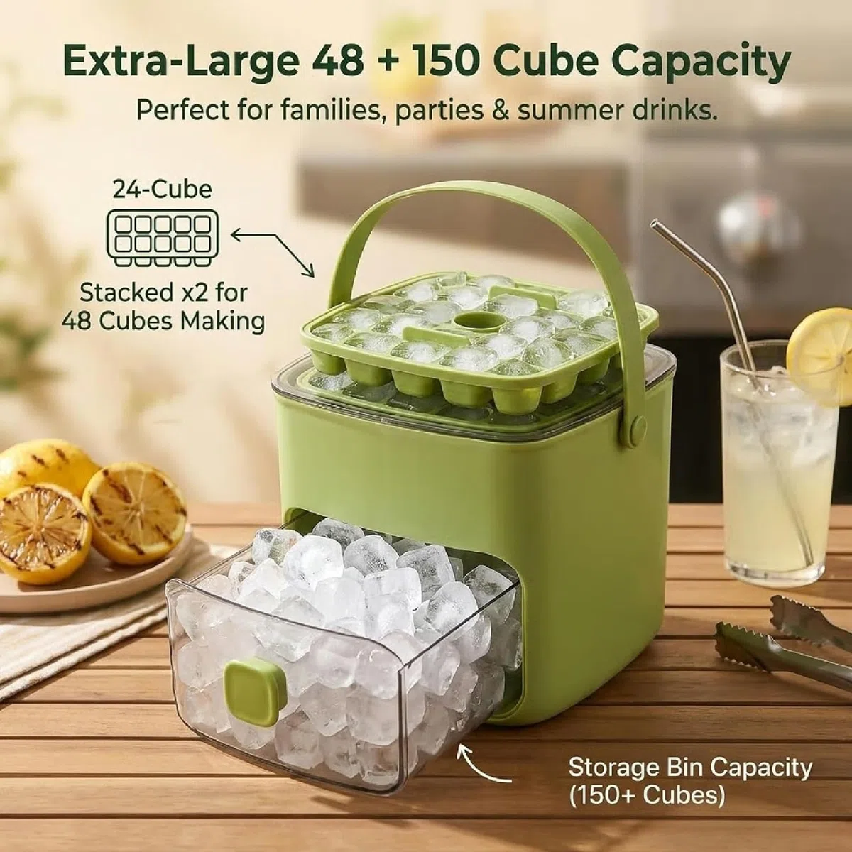 Máquina para hacer 48 cubitos de hielo con bolsa de transporte y pinzas para hielo, caja portátil para moldear, bandeja de doble capa y contenedor/tapa de fácil presión, para acampar, RV, fiest green
