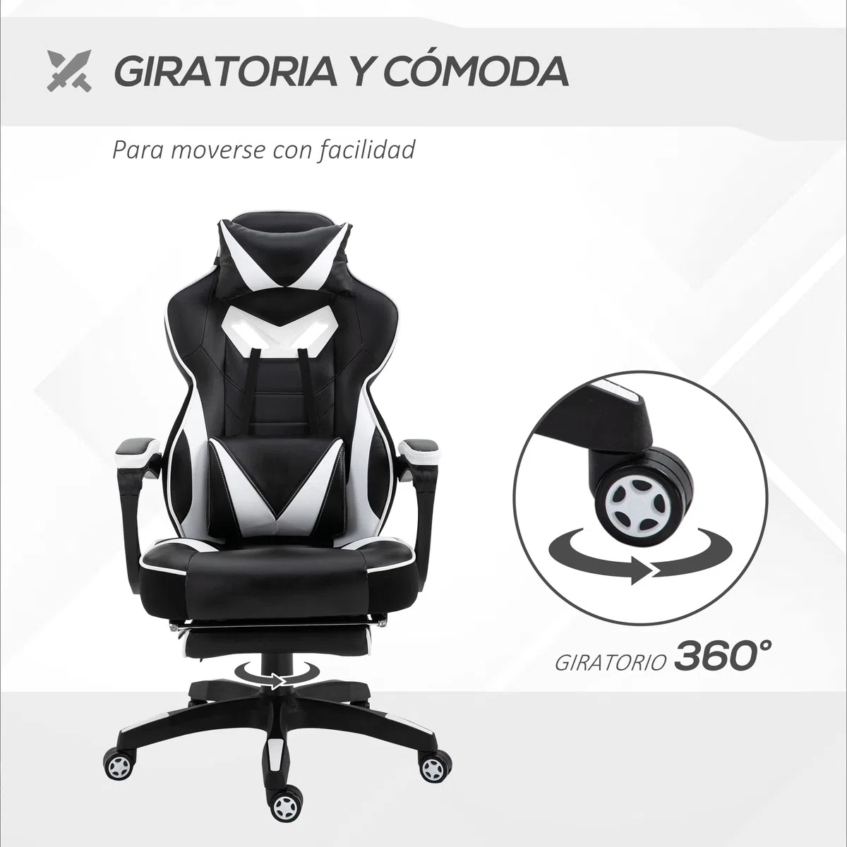 Vinsetto Silla Gaming Regulable en Altura 65x70x118,5-128,5 cm Blanco | Ergonómica, Silla de Escritorio de Oficina, Respaldo Reclinable, Reposapiés, Reposacabezas, Cojín Lumbar, Ruedas
