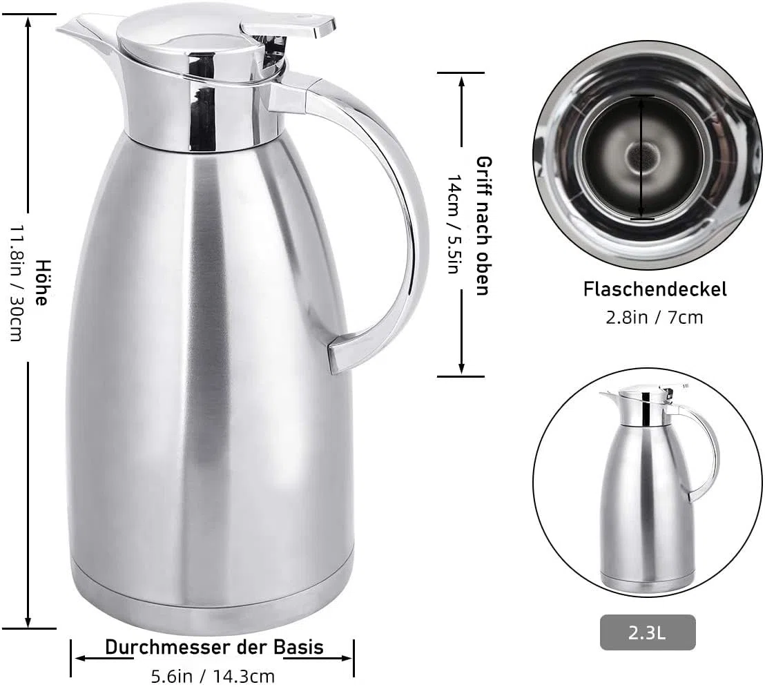 Termo termo, jarra térmica de acero inoxidable de 2,3 L, jarra térmica de acero inoxidable, jarra de agua de doble pared, mantiene el té, la leche y las bebidas calientes o frías