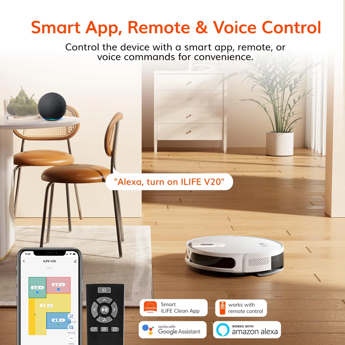 ILIFE Robot aspirador V20 con navegación láser, succión de 5000 Pa, limpieza personalizada, ideal para pelo de mascotas y suelos diversos, compatibilidad con Alexa y Google