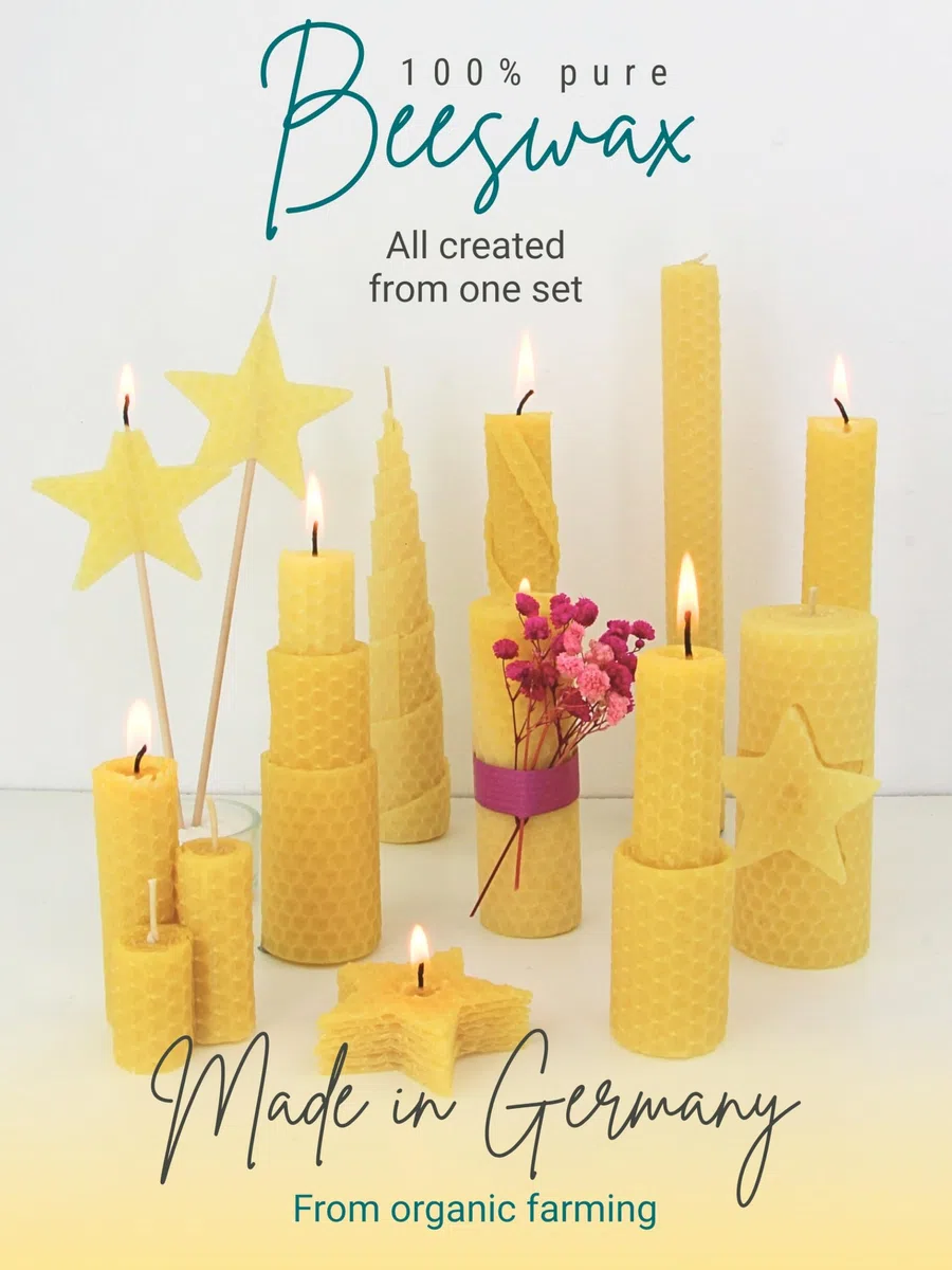Wachsmann Set de bricolaje para hacer velas de cera de abejas – Kit de inicio para 10 velas en muchos colores – 100% cera de abejas pura de Alemania, incluye 10 mechas de cáñamo y manual ilustrado