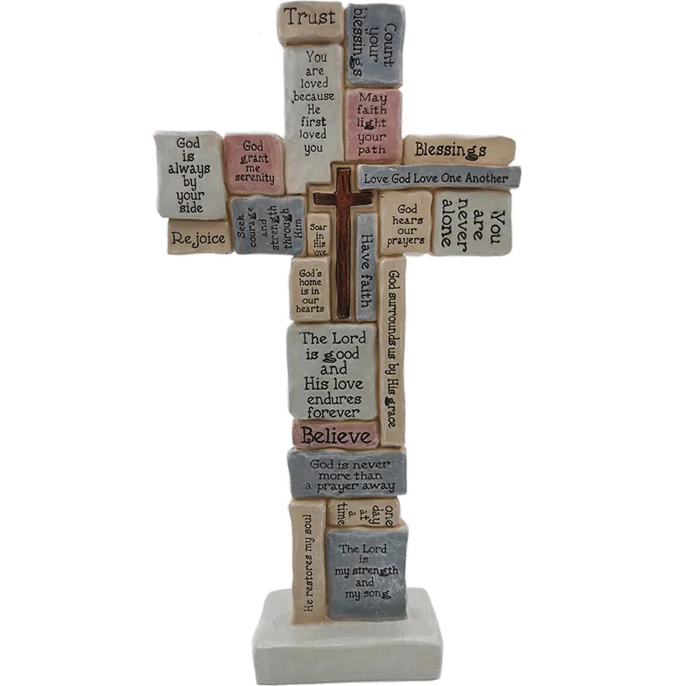 Escultura de cruz con palabras cristianas y refranes crucigramas mesa inspiradora cruz para decoración del hogar, regalos cristianos