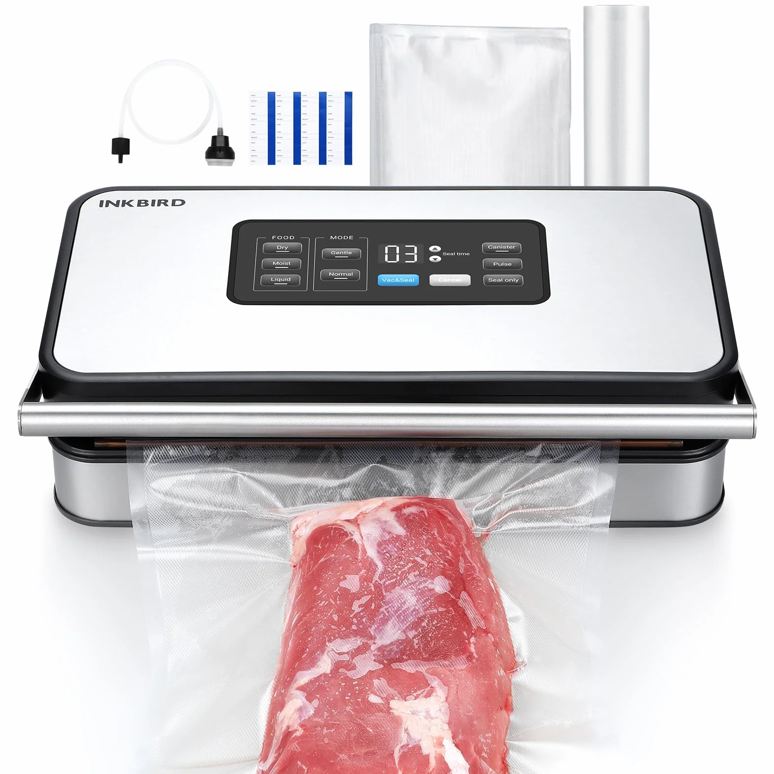 INKBIRD Máquina de envasado al vacío, aparatos de soldadura para alimentos con modo seco/húmedo/líquido, bomba doble, 20 l/min, silenciador, cortador de papel, rodillos y bolsa incluidos en la entrega
