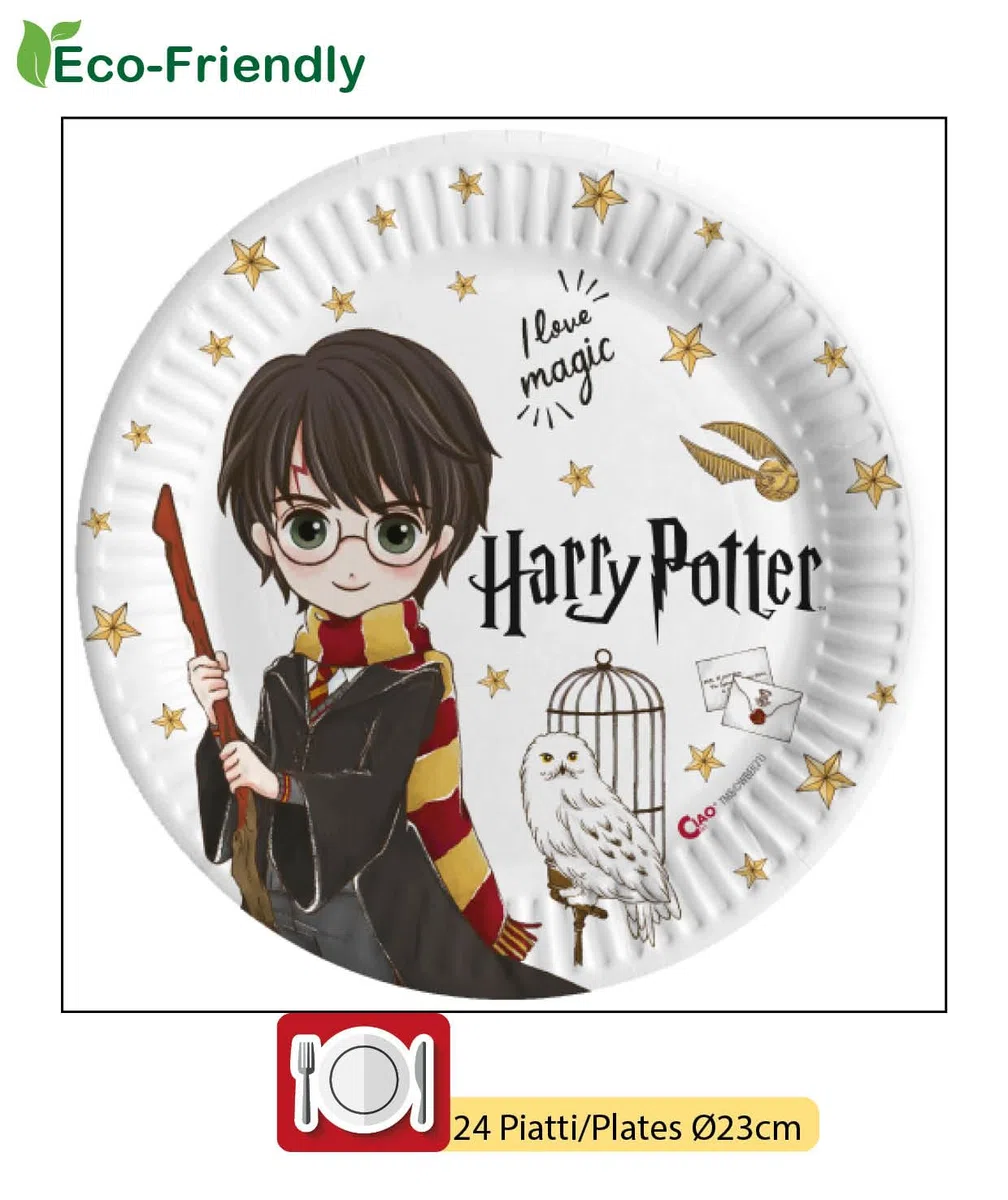 Kit Vajilla de Fiesta Harry Potter para 24 personas (112 pcs: 24 platos Ø23cm, 24 platos Ø18cm, 24 vasos 250ml, 40 servilletas 33x33cm) de papel compostable eco-friendly