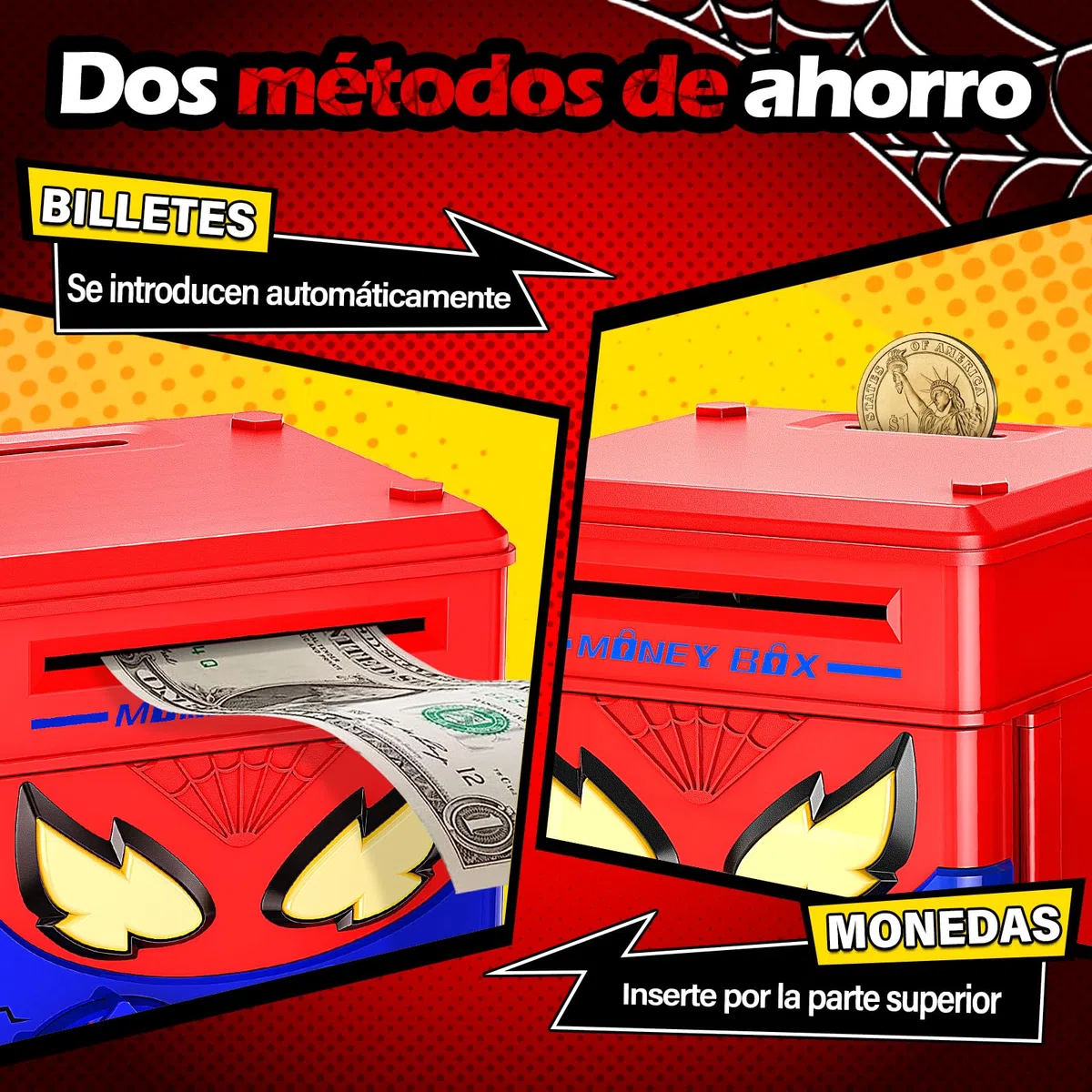 Hucha Infantil - Caja Fuente Niños, Spider Hucha Electronica con Huella Digital y Código, Hucha Cajero Automático con Succión de Billetes, Regalo Niño Niña 3 4 5 6 7 8 10 12 Años