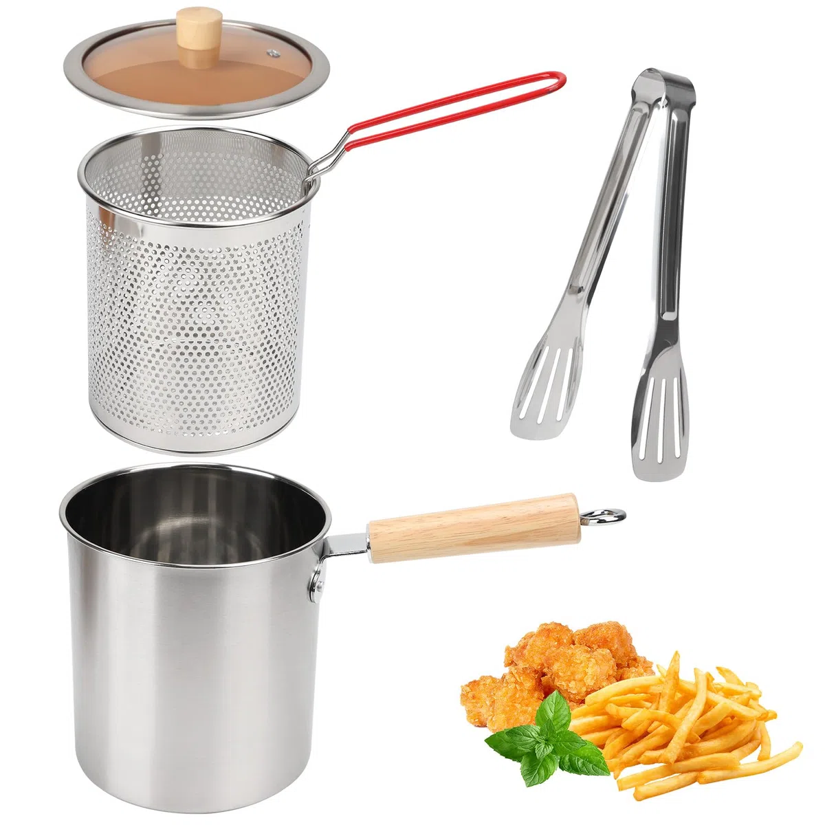 Olla Freidora con Cestillo, Pequeño Olla para Freír 16cm de Acero Inoxidable de 3L, Freidora con Filtro Aceite 2 en 1, Colador de Grasa con Tapa y Clip para Alas de Pollo, Mariscos, Patatas Fritas