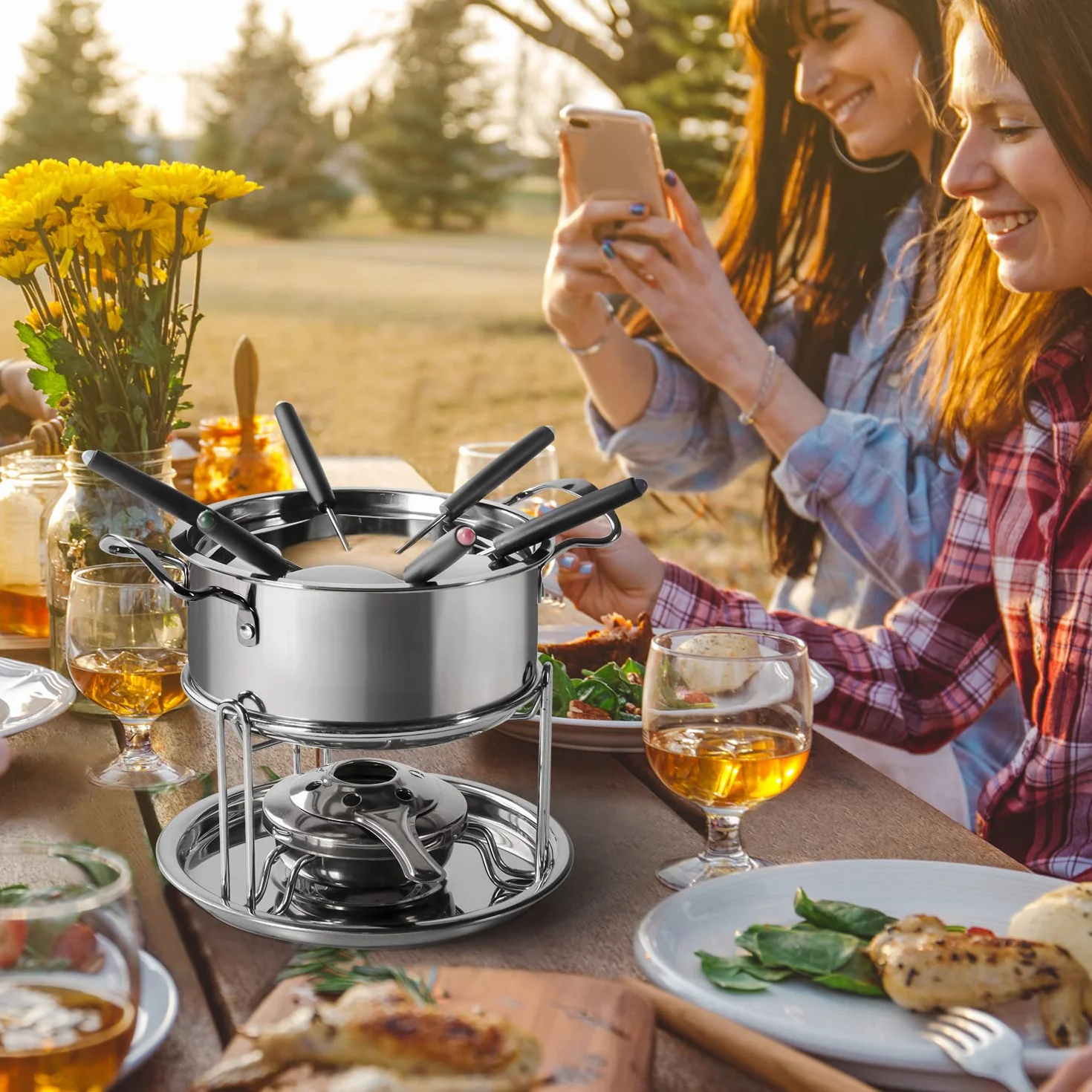 Set de Fondue de Queso para 6 Personas Fondue de Acero Inoxidable Hogar DIY Fondue de Carne y Queso Juego de Fondue con Quemador Perfecto para una Fiesta de Vacaciones（Plata o2）