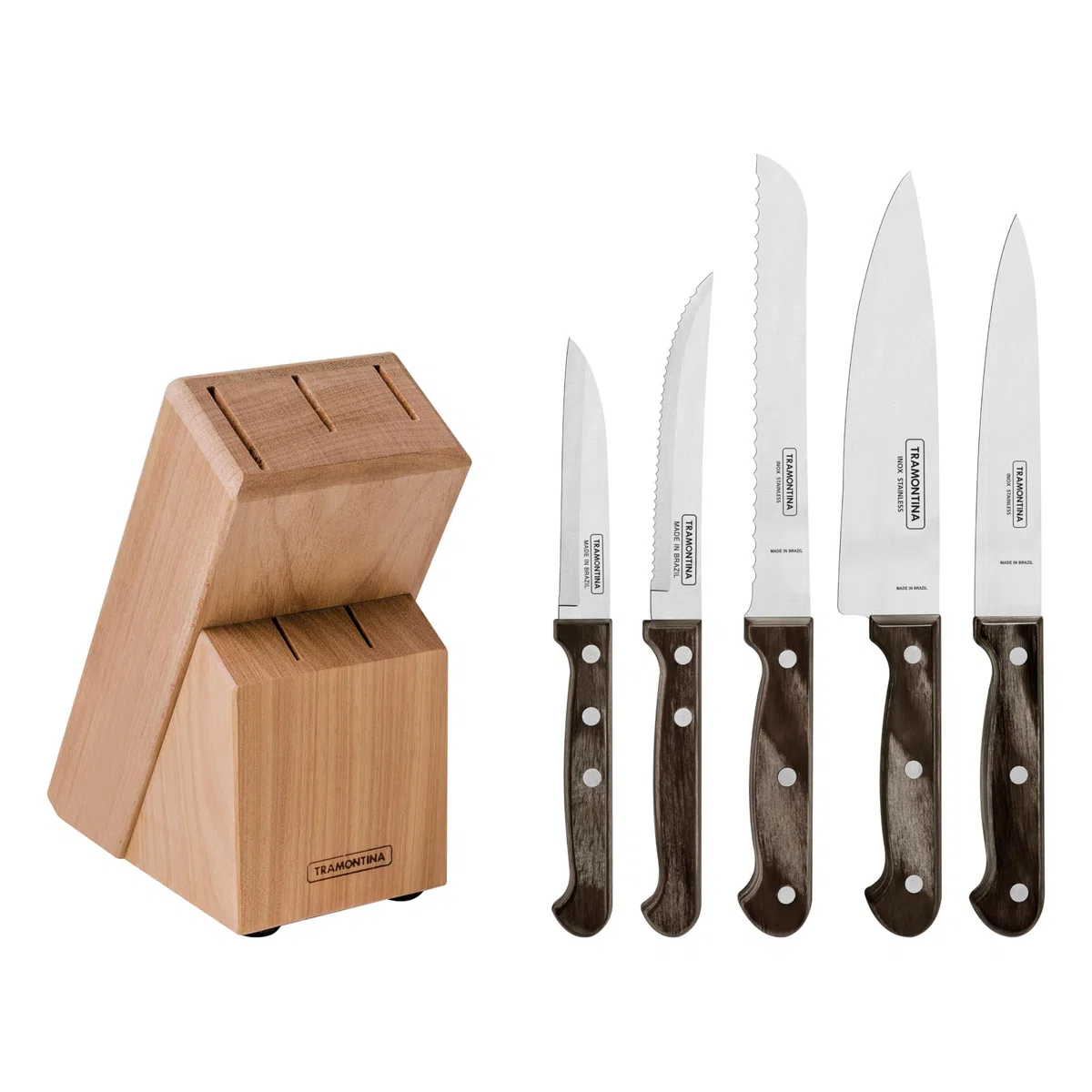 Tramontina Juego de Cuchillos de Acero Inoxidable y Mangos de Madera Tratada con Soporte de Madera Polywood Castaño 6 Piezas