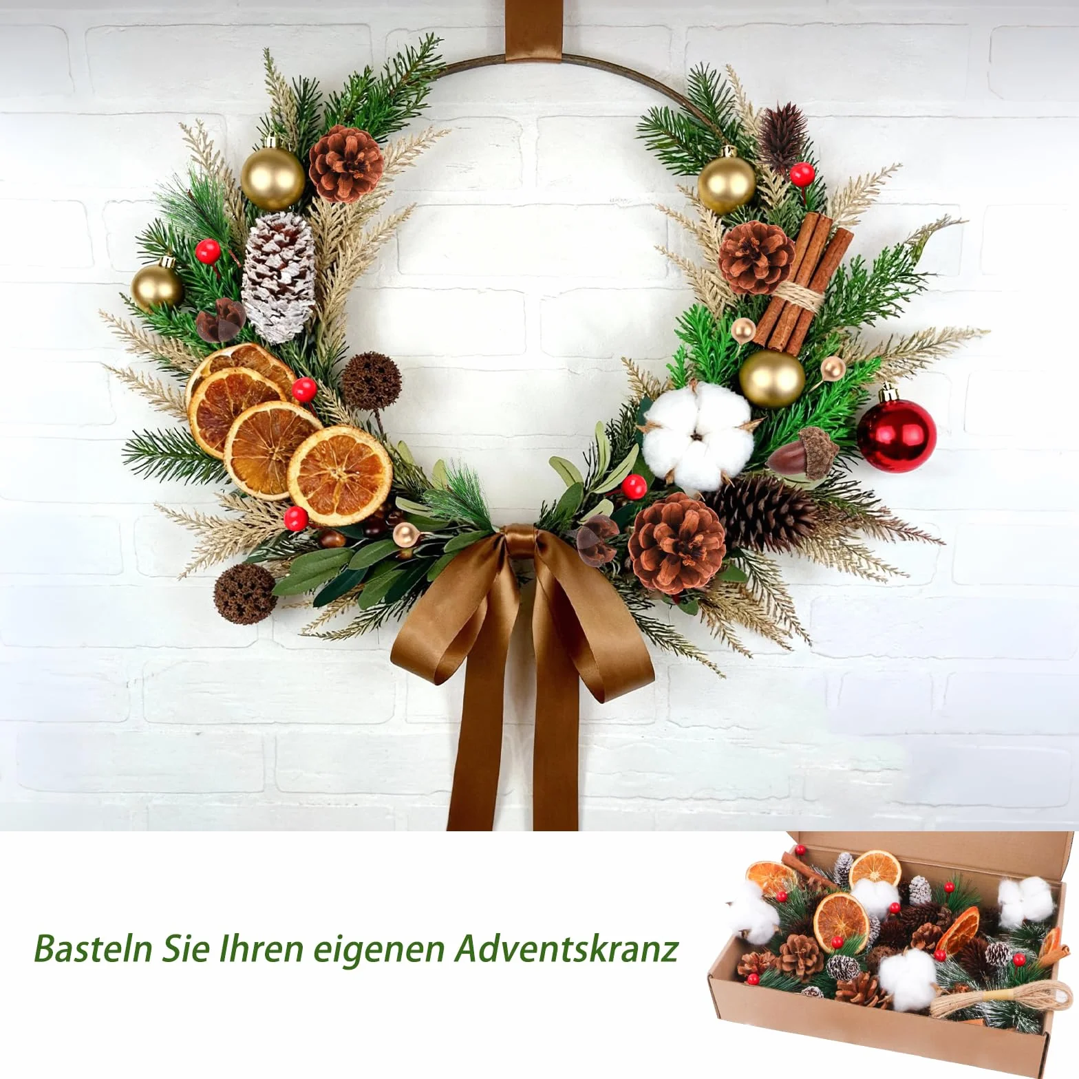 Set de decoración para corona de Navidad de 170 piezas – Accesorios para corona de Adviento con algodón, rodajas de naranja secas, tallos de canela, estrella anisada, nueces, piñas, bayas