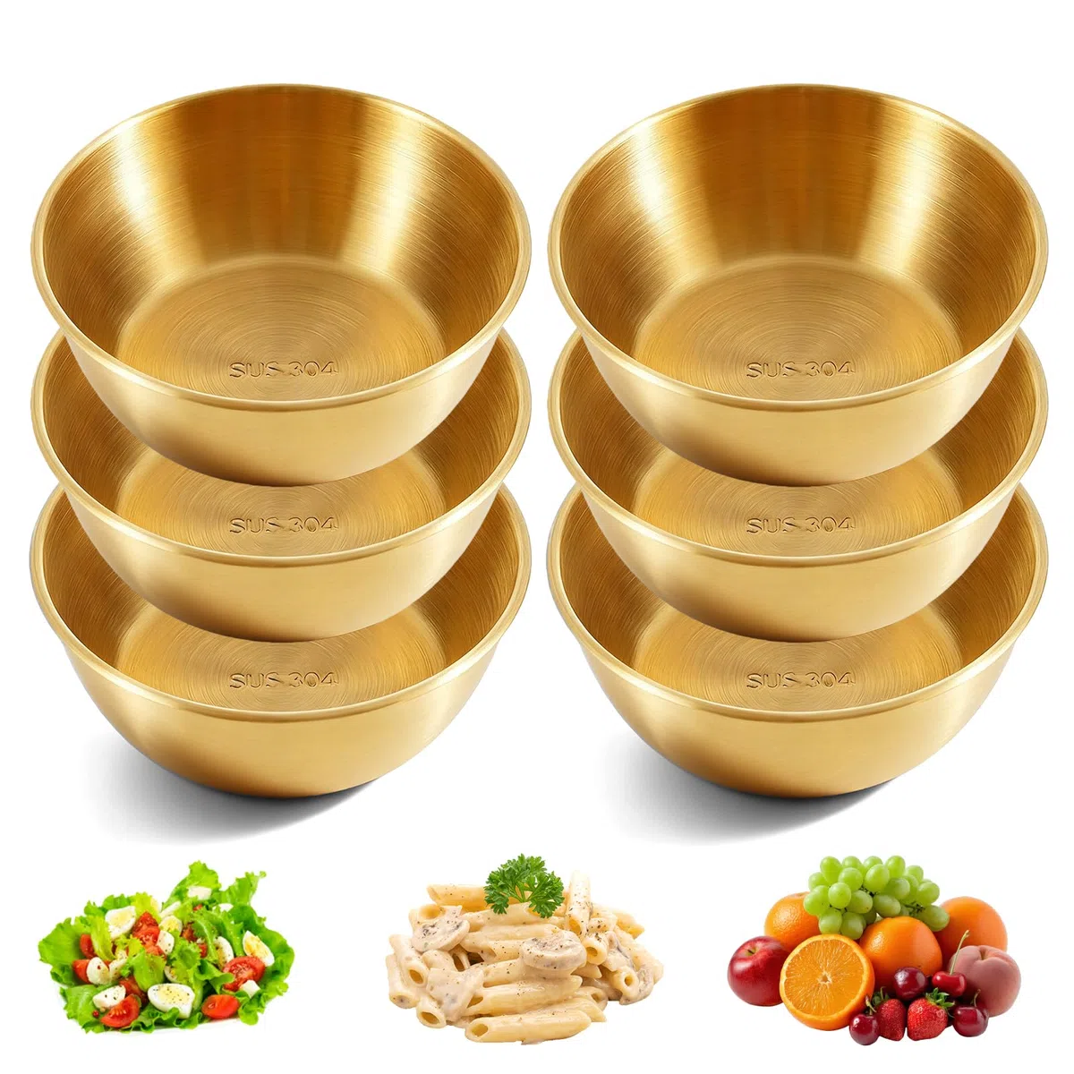 SUNOYA Juego de 6 cuencos de acero inoxidable, diámetro de 17 cm, color dorado y acero inoxidable, capacidad para ensalada, cuenco redondo para servir ensalada, cuenco para servir aperitivos, cuencos