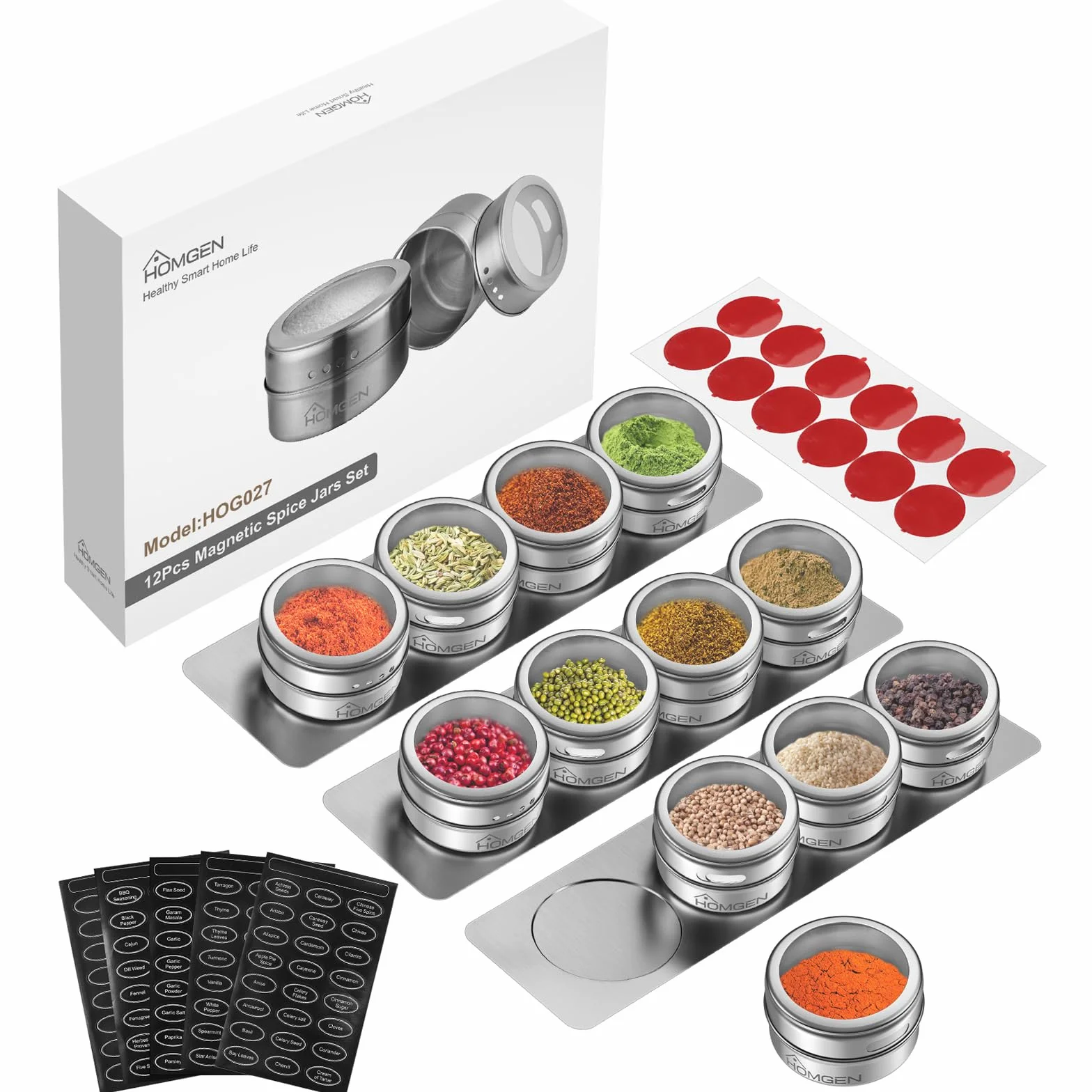 HOMGEN 12PCS Tarros de Especias Magnéticos de Acero Inoxidable Botes Para Especias Magnéticas de 100 ml con Etiquetas Recipientes Magnéticos con Tapas y Chasis para Cocina, Barbacoa