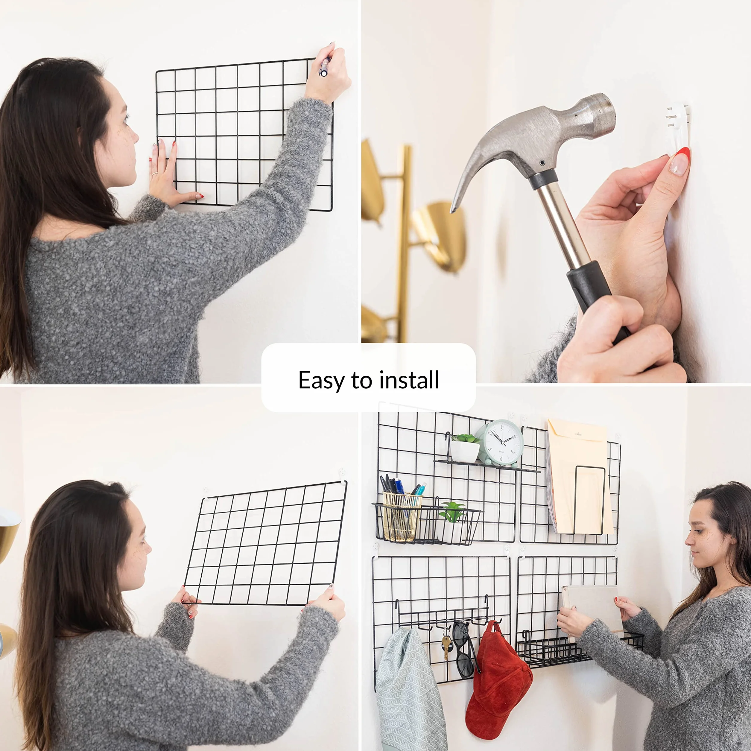 ODOXIA Juego de 2 Paneles de Rejilla Decoracion Pared con Accesorios | Incluye Cestas para Colgar, Ordenador de Cartas, Estante y Percheros | Decoración para Colgar en Casa, Oficina y Cocina
