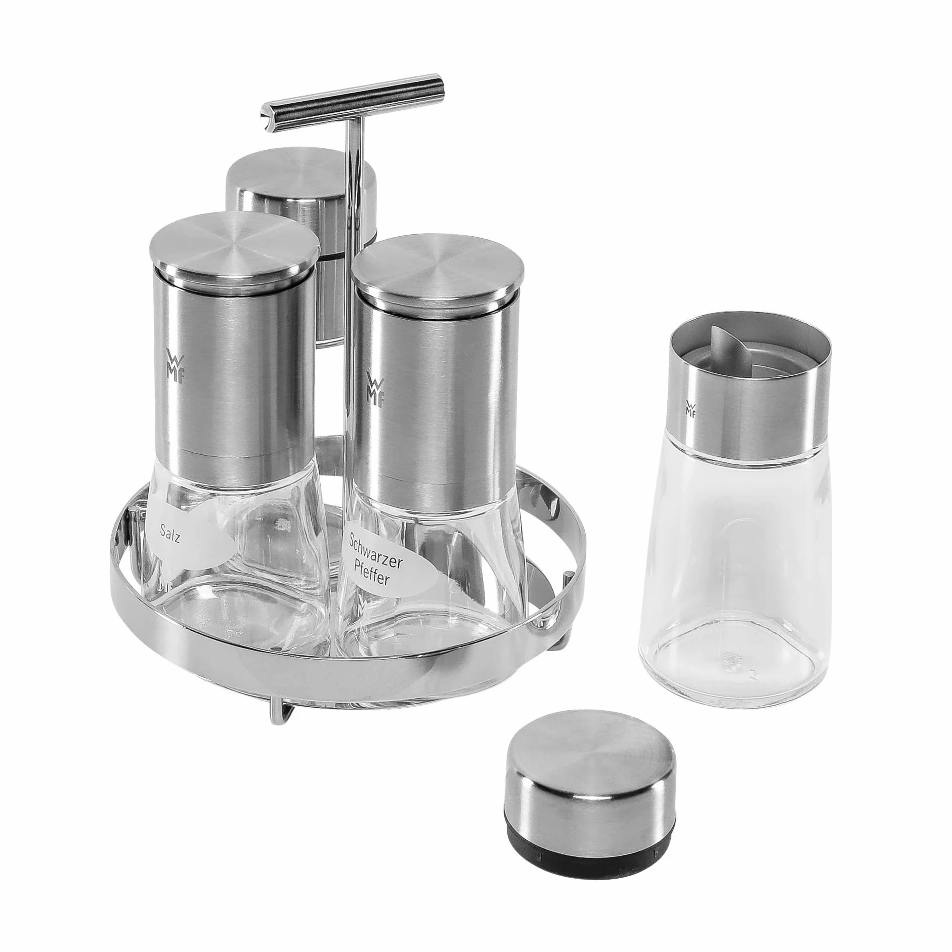WMF – Juego de 5 Piezas Que Incluye dosificadores, salero y pimentero, Soporte de Acero Inoxidable Cromargan, Cristal Inoxidable, Apto para lavavajillas