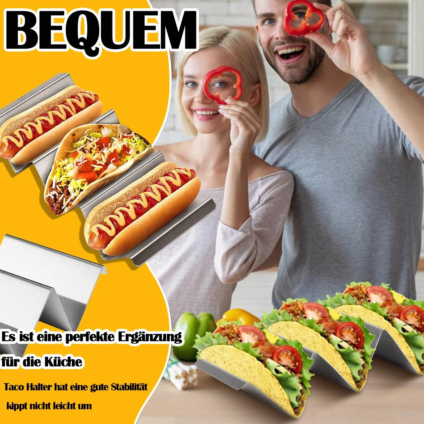 4 Soporte para Tacos, Soportes para Tacos de Acero Inoxidable con Asas Incorporadas, Bandeja para Taco Burritos Tapas, Sujetar Tacos, Bocadillos, Perritos Calientes y Tortitas Seguro Horno y Parrilla