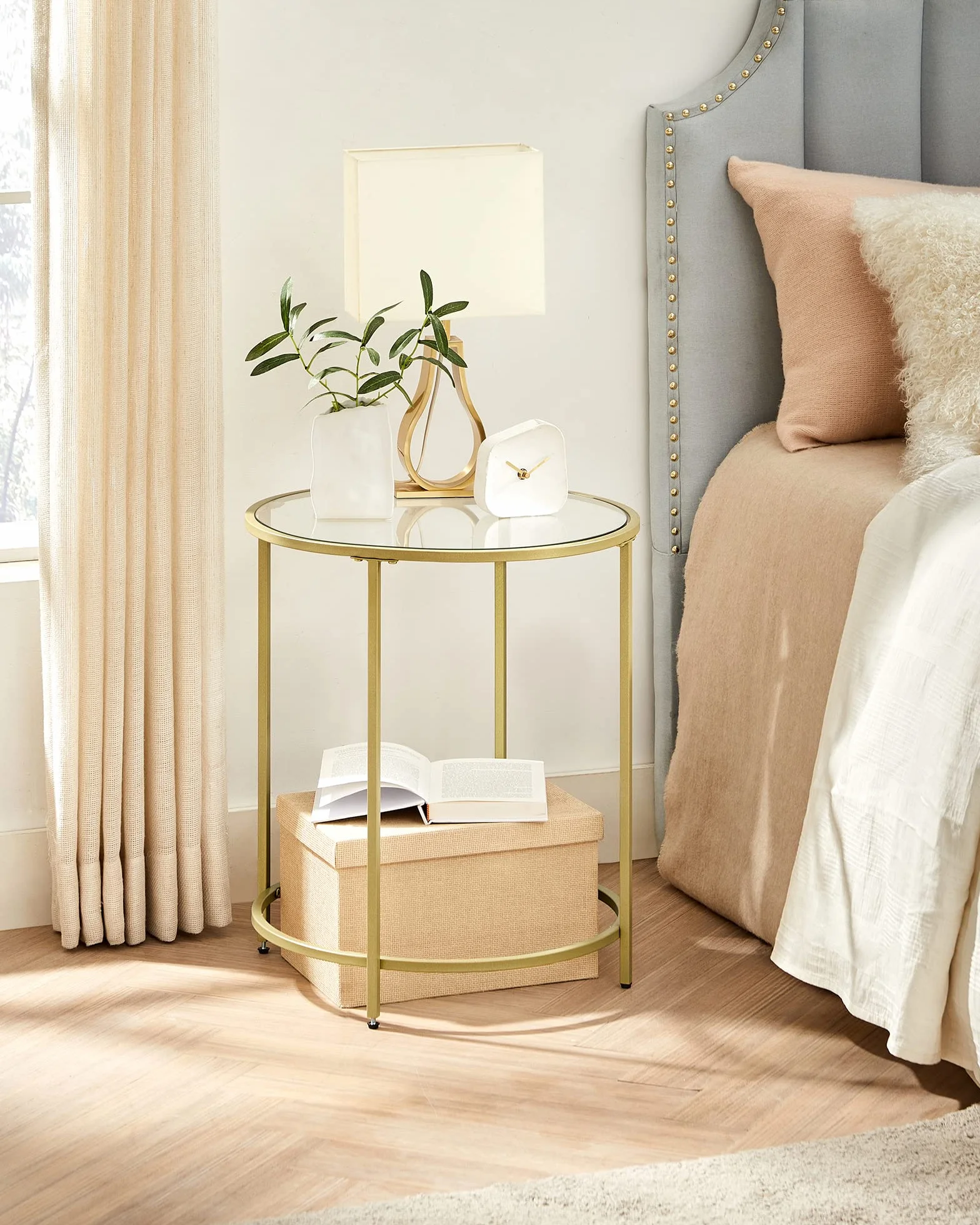 VASAGLE Mesa Auxiliar Redonda, Mesita de Noche de Cristal con Marco de Acero, Mesa de Centro Pequeña, para Salón, Balcón, Decorativo, Dorado y Transparente LGT20G