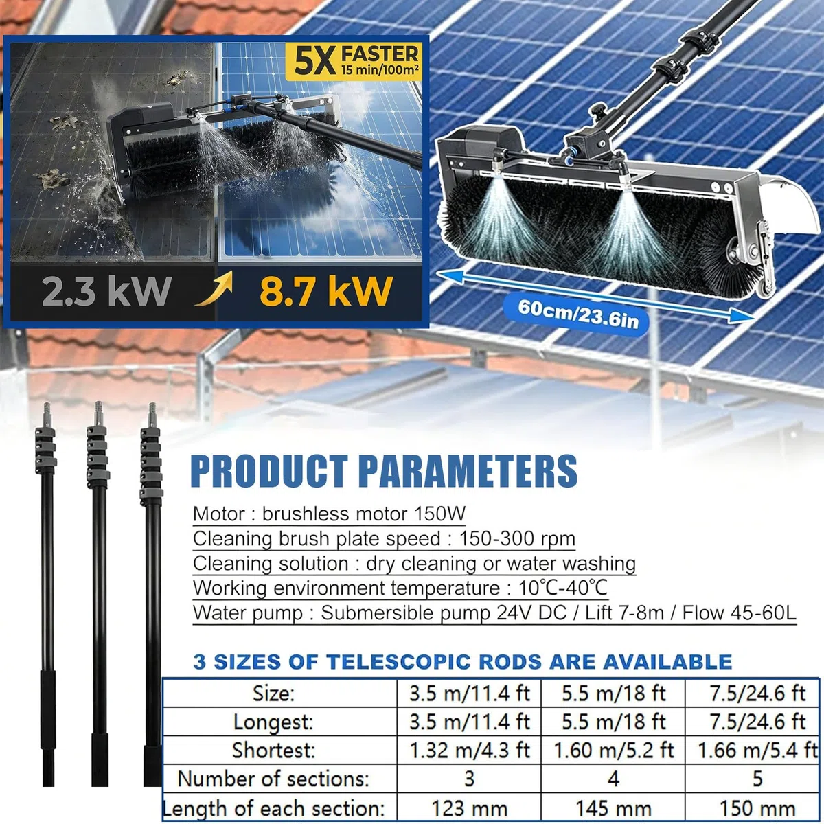 Palo Telescópico para Limpieza de Paneles Solares – 350rpm, Cepillo rotativo 60cm, 10m alimentación+Agua, asta Aluminio, Nylon HD – para Placas fotovoltaicas 7.5m-Oneset