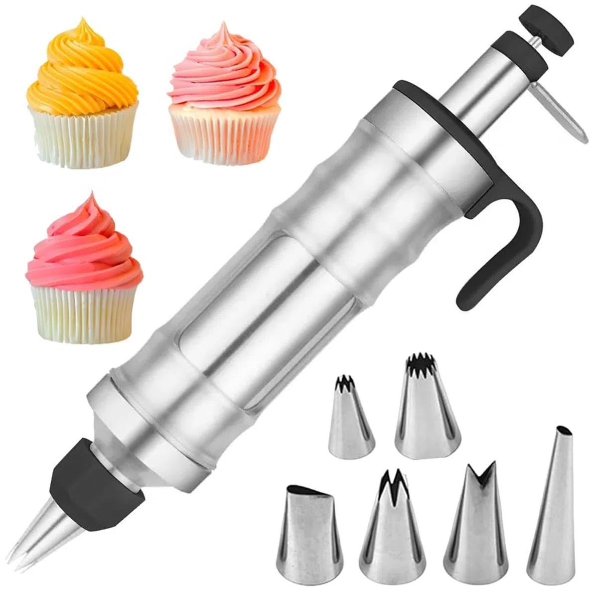 Jeringa profesional de acero inoxidable HAPPOW con 6 boquillas y manga pastelera reutilizable, ideal para cupcakes y pasteles