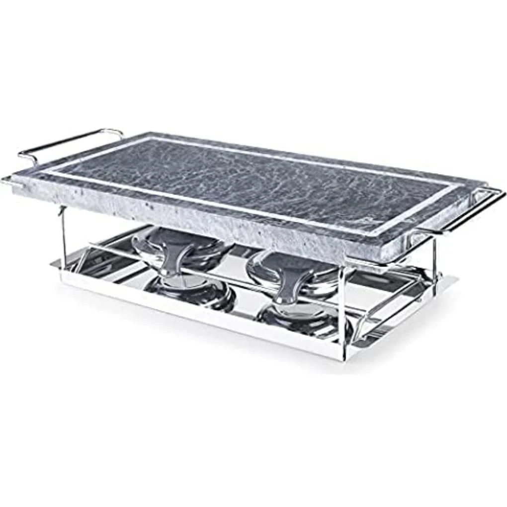 IBILI 755000 Grill Piedra, Acero Inoxidable, Incluye Piedra con Soporte, Bandeja y 2 lamparillas, Plata, 37 x 18 cm