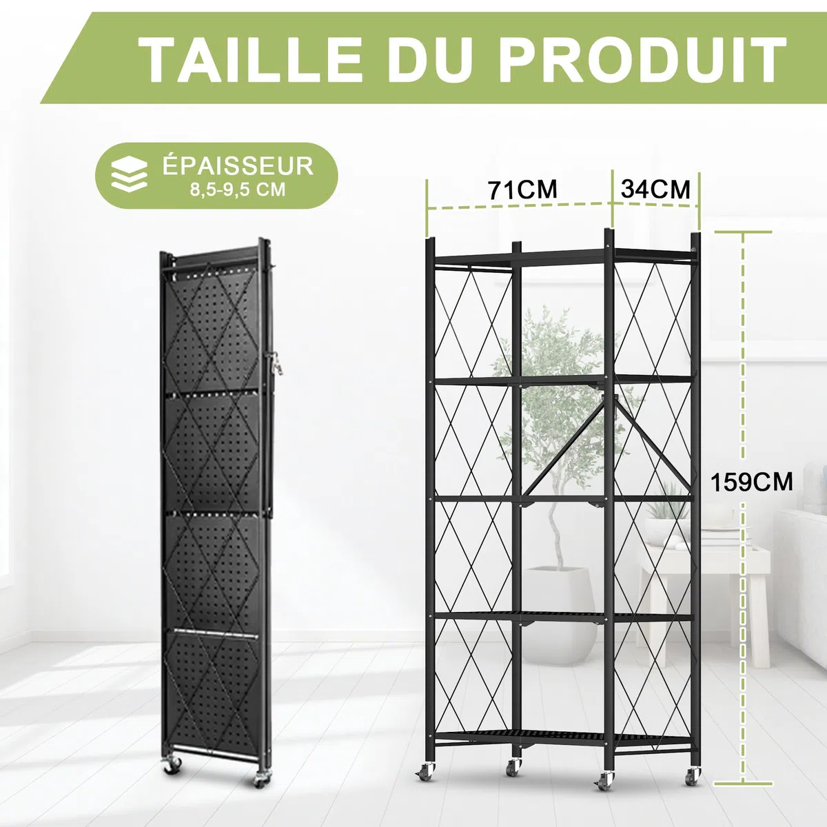 Carro de almacenamiento (5 niveles, plegable, con ruedas, 71 x 34 x 159 cm, estante de metal, estante de almacenamiento, negro para cocina, baño, sala de estar, oficina (5 niveles)