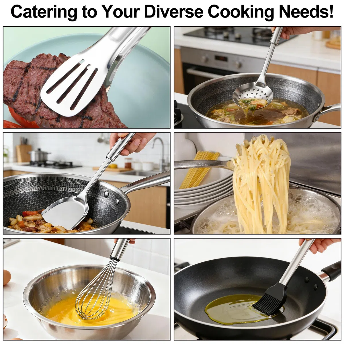 Juego de Utensilios de Cocina Acero Inoxidable 10 Piezas Utensilios de Cocina Aptos para Lavavajillas Set Cucharón con Espátula Spumadera Batidor y Servidor de Pasta Herramientas para Cocinar