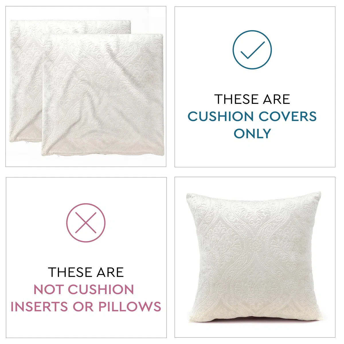 Encasa XO Fundas de Cojín de Terciopelo Gofrado de Lujo Fundas de Almohada de Felpa para Salones y Dormitorios Elegantes, 50x50 cm Crema | Juego de 2 | Solo Fundas, Sin Relleno