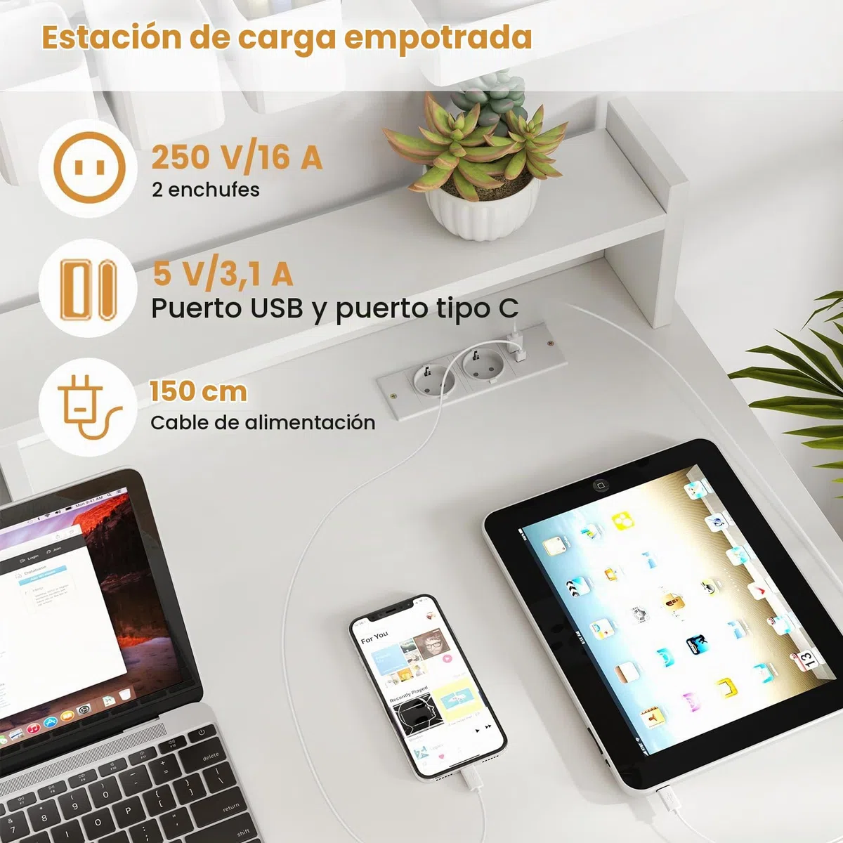 GYMAX Escritorio de Computadora con Estación de Carga, Escritorio de Estudio de 105 CM con Estantes y Cajón, Orificio para Gestión de Cables, Escritorio Moderno y Simple para Dormitorio, Blanco