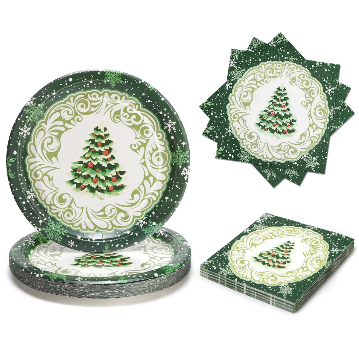 Platos y Servilletas De Papel Navideños 50 Unidades,Incluye 25 Unidades 23 cm Platos Navidad y 25 Unidades Servilletas,Patrón De Árbol De Navidad Verde,Para Decoraciones Navideñas