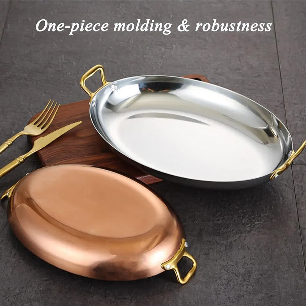Plato ovalado de acero inoxidable con asas dobles para mariscos, carnes, postres, elegante bandeja para aperitivos, esencial para la cocina, acabado plateado, 25 cm