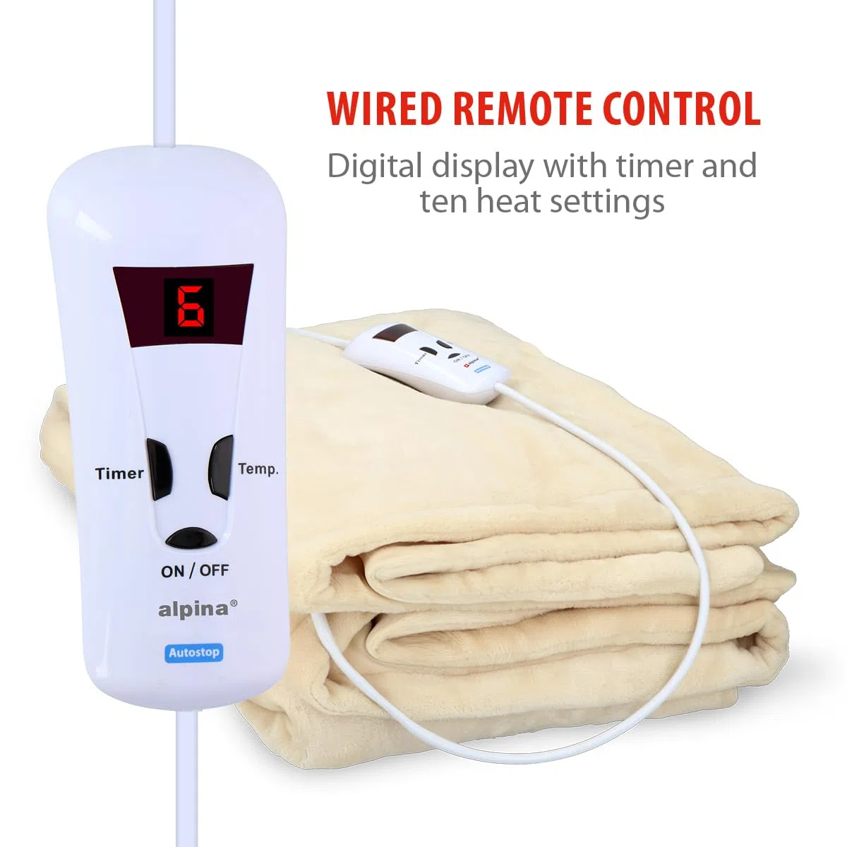 alpina Manta Térmica Eléctrica - 1 Persona - 180x130 cm - Manta Eléctrica para Cama Matrimonio - 10 Potencias de Calor - Temporizador - Ideal para Calienta Camas Eléctrico y Dolor Menstrual - Beige