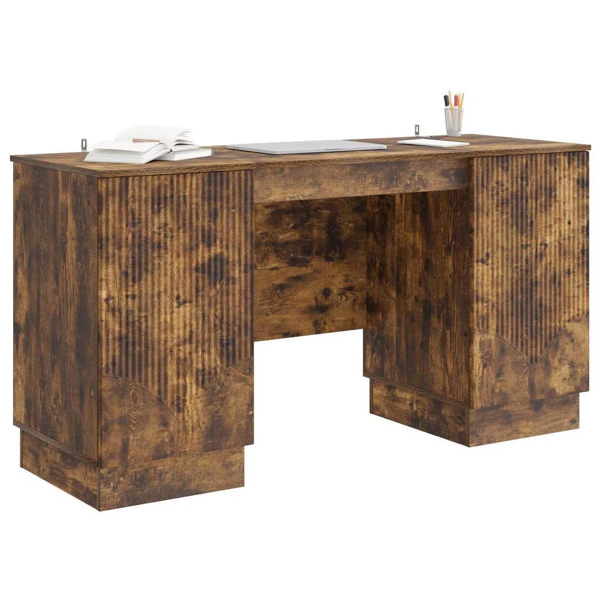 Escritorio de madera de roble ahumado, 142,5 x 50 x 75 cm, mesa de trabajo para ordenador portátil, mesa de escritorio, escritorio de pie secretario, gaming, aprendizaje, jugar, oficina en