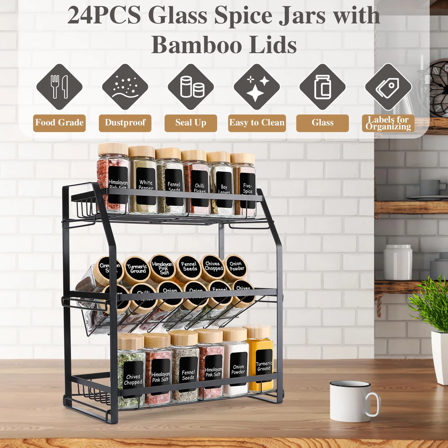 Lannvan Tarros Especias Cristal, 24x120ml, Cuadrados con Tapas de Bambú, Frascos Especiarias con Tamiz, Etiquetas, Cepillo, Embudo