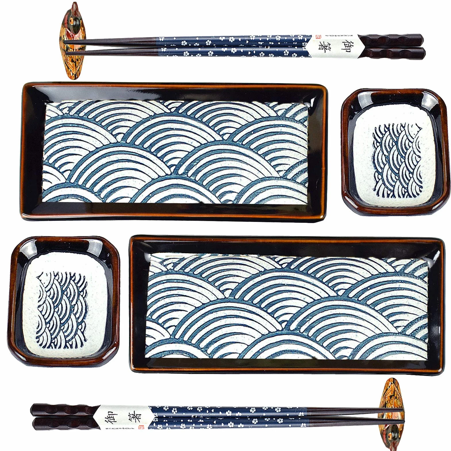 Artcome Juego de vajilla de cerámica de sushi de estilo japonés de 8 piezas para inauguración de la casa de boda, 2 platos de sushi, 2 platos de salsa, 2 pares de palillos, 2 soportes para palillos
