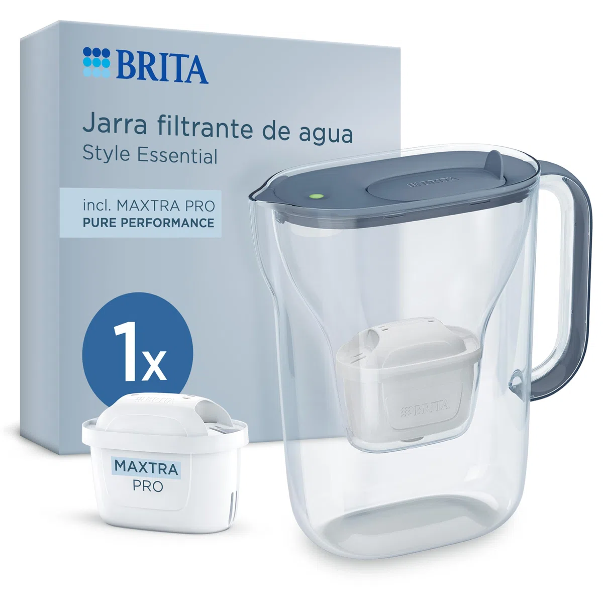 BRITA Jarra filtrante Style Essential Azul (2.4L) incl. 1x MAXTRA PRO PURE PERFORMANCE | Compatible con la puerta del frigorífico, con indicador LED, filtra impurezas, metales y mucho más