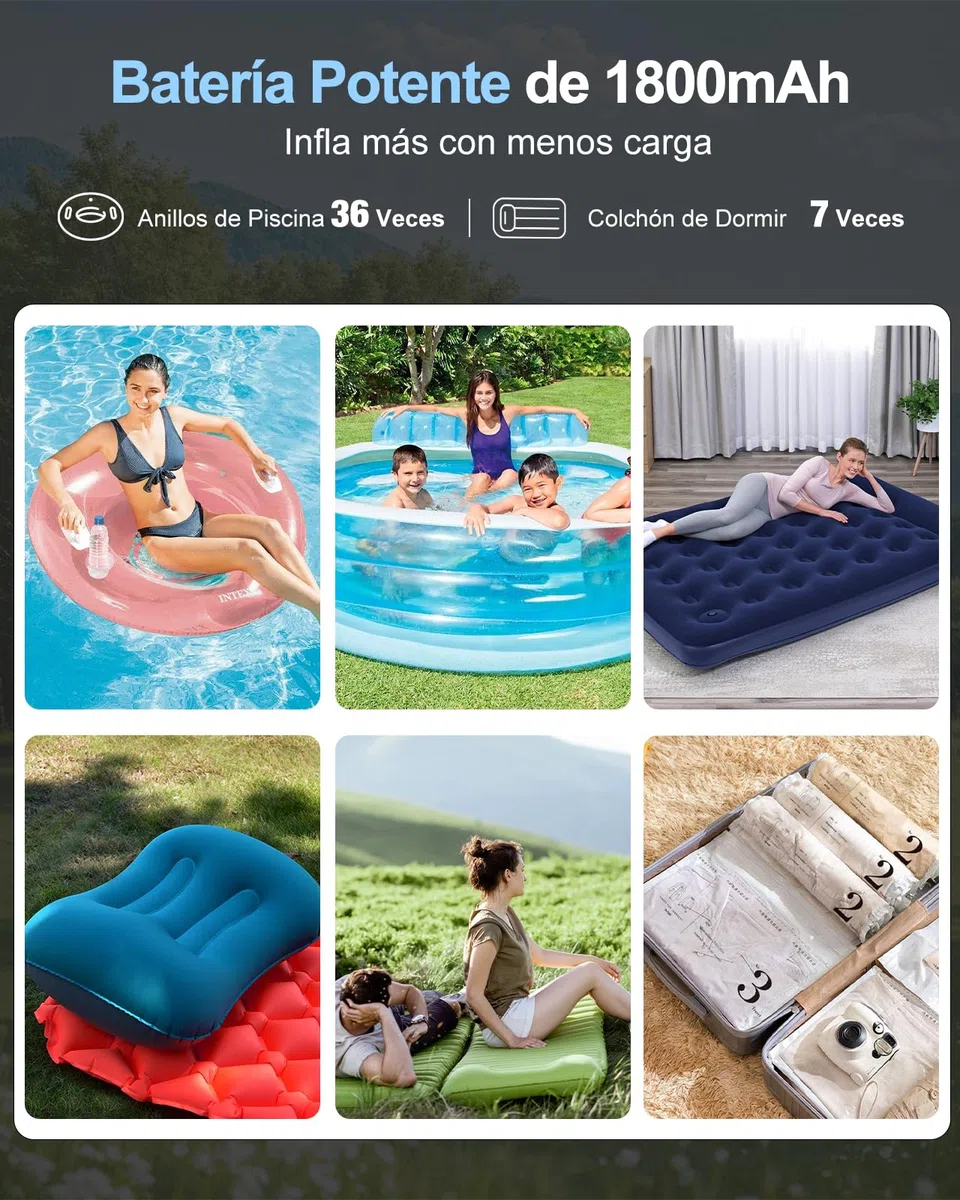 Inflador Eléctrico con Batería para Colchón Inflable, Camas Hinchables, Bolsas Vacío Ropa, Piscina Hinchable, 5 Boquillas & Luz de Camping, Hinchador de Inflado y Desinflado Rápidos, Bomba de Aire