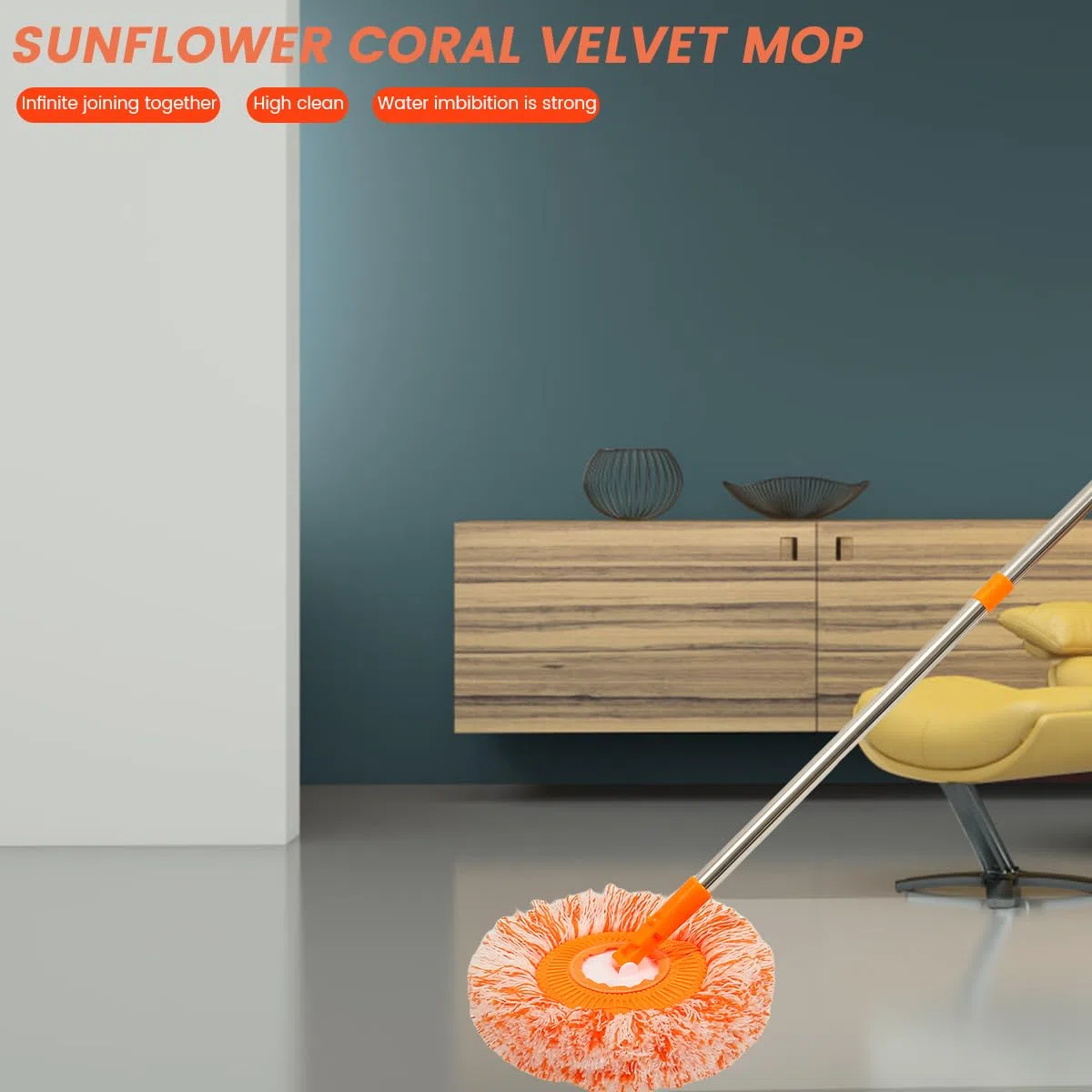 Mopa de limpieza giratoria de 360 grados con 4 barras extraíbles y 4 cabezales de fregona intercambiables, kit de limpieza de ventanas de polvo de microfibra redondo ajustable para pared (B)