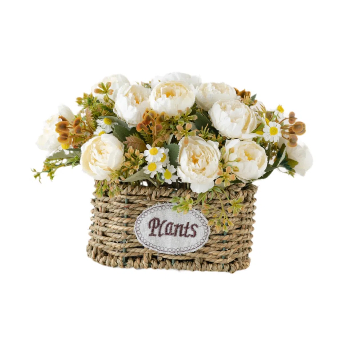 MagiDeal Flores Artificiales con Cesta, Centro de Mesa, Decoración del Hogar, Regalo, Suministros para Fiestas, Adorno, Decoración de Escritorio para Bodas Y O, Blanco